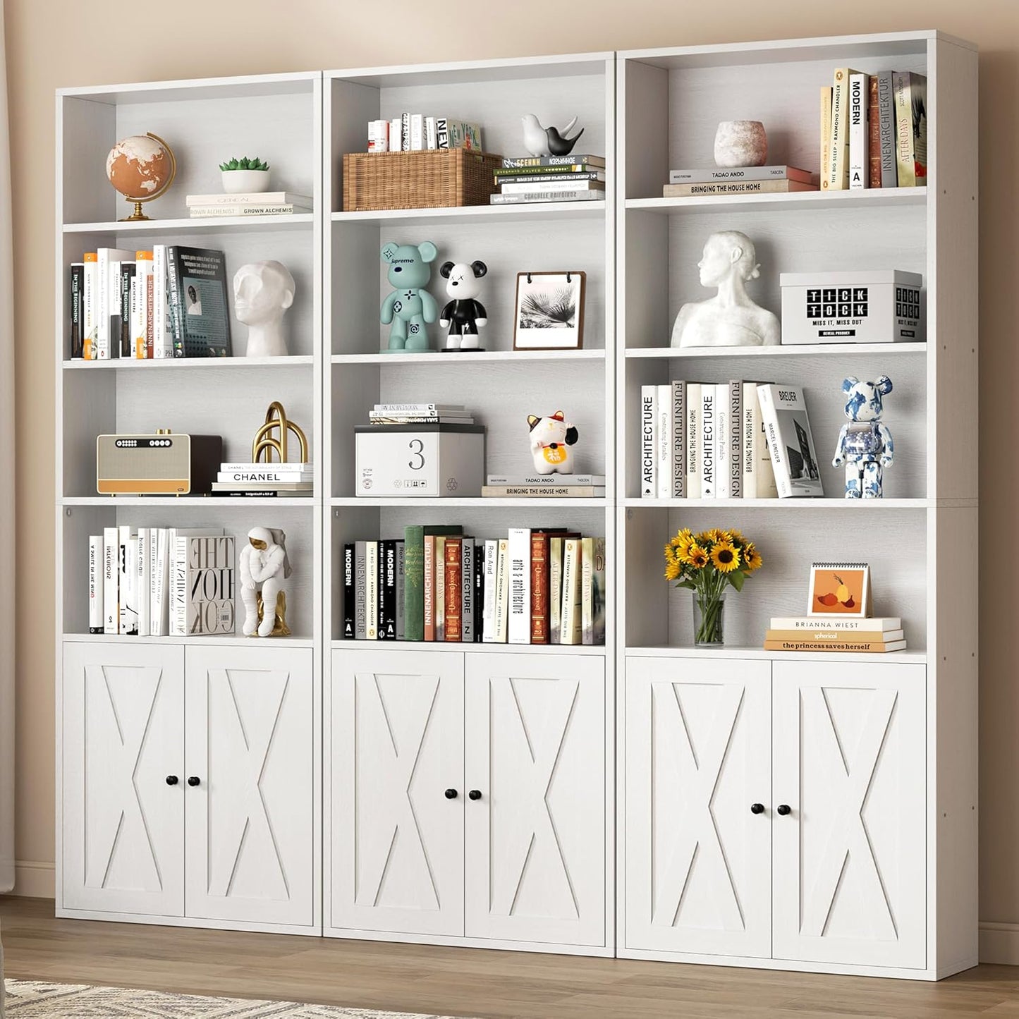 Shintenchi Bookshelf, Industrial Bookshelves and Bookcases with Doors Floor Standing 6 Shelf Display Storage Shelves 70.6 inches Tall Bookcase for Home Office, Living Room (White)