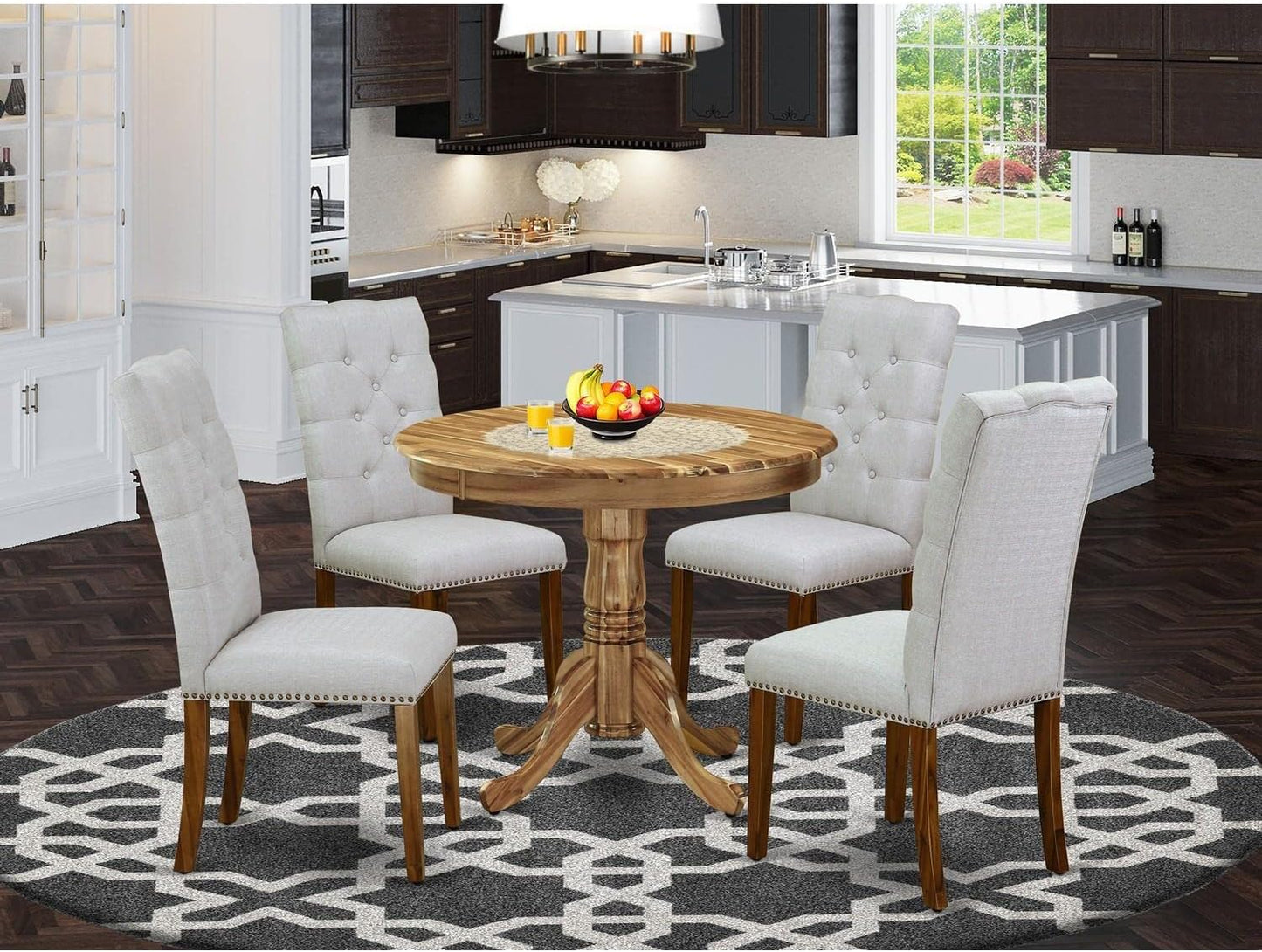 East West Furniture ANEL5-ANA-05 5 Piece Kitchen Table Set for 4 Includes a Round Dining Room Table with Pedestal and 4 Grey Linen Fabric Upholstered Parson Chairs, 36x36 Inch, Natural