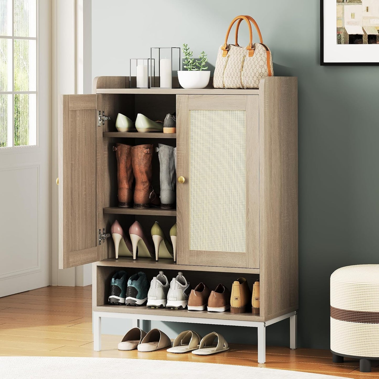 Rattan Shoe Cabinet Storage for Entryway, Shoe Cabinet with Adjustable Shelves for Entryway, 5-Tier, 20 Pair Shoe Rack Storage for Hallway, Closet, Living Room, Natural