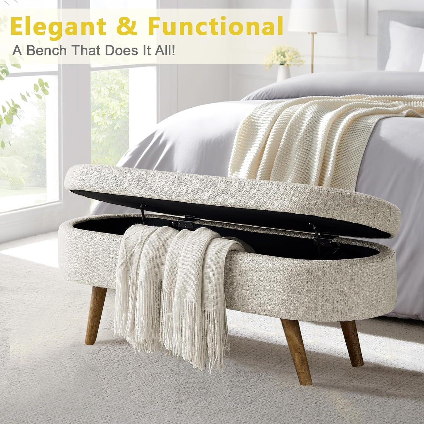 NicBex Ottoman Bench with Storage for Bedroom, 43.5" Upholstered End of Bed Bench with Rubber Wood Legs, Linen Storage Bench for Living Room or Entryway,
