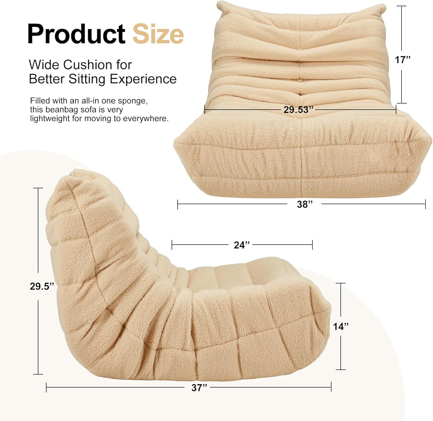Bean Bag Chairs for Adults Giant Bean Bag Chair Memory Foam BeanBag Chair Big Bean Bag Sofa with Filler Faux Fur Fireside Beanbags Lazy Sofa for Living Room Bedroom Dorm Office (Khaki Teddy)