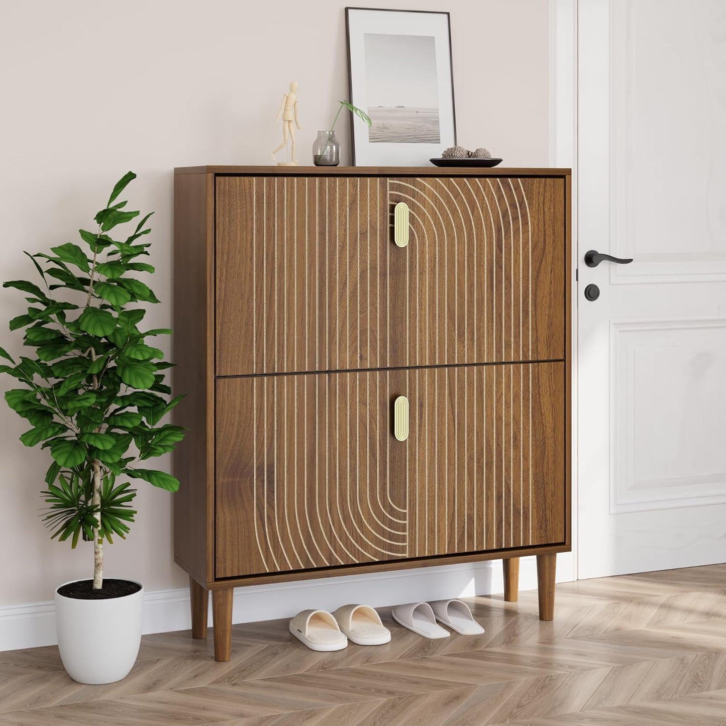 Smuxee Shoe Cabinet with 2 Flip Drawers, 31.5" Walnut Hidden Shoe Storage Cabinet with Line Groove Design, Freestanding Shoe Organizer Cabinet for Entryway, Hallway, Living Room