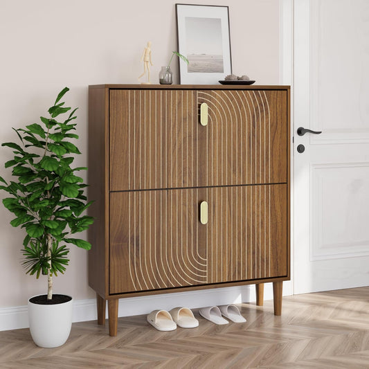 Smuxee Shoe Cabinet with 2 Flip Drawers, 31.5" Walnut Hidden Shoe Storage Cabinet with Line Groove Design, Freestanding Shoe Organizer Cabinet for Entryway, Hallway, Living Room