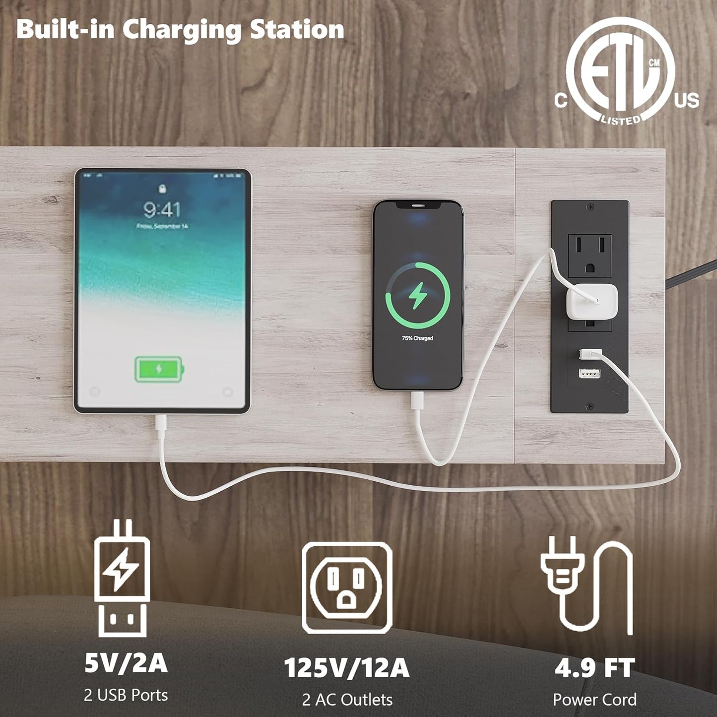 End Table with Charging Station, Narrow Side Table with 2 Fabric Drawers, Skinny Nightstand with LED Light, Slim Bedside Table for Bedroom, Living Room, Small Spaces, Greige and Black