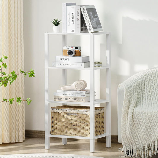 4 Tier Tall Wooden Bookshelf with Storage - Small White Bookcase for Small Spaces, Shelf for Living Room, Office, Bedroom, Kitchen - Industrial Modern Book Shelf
