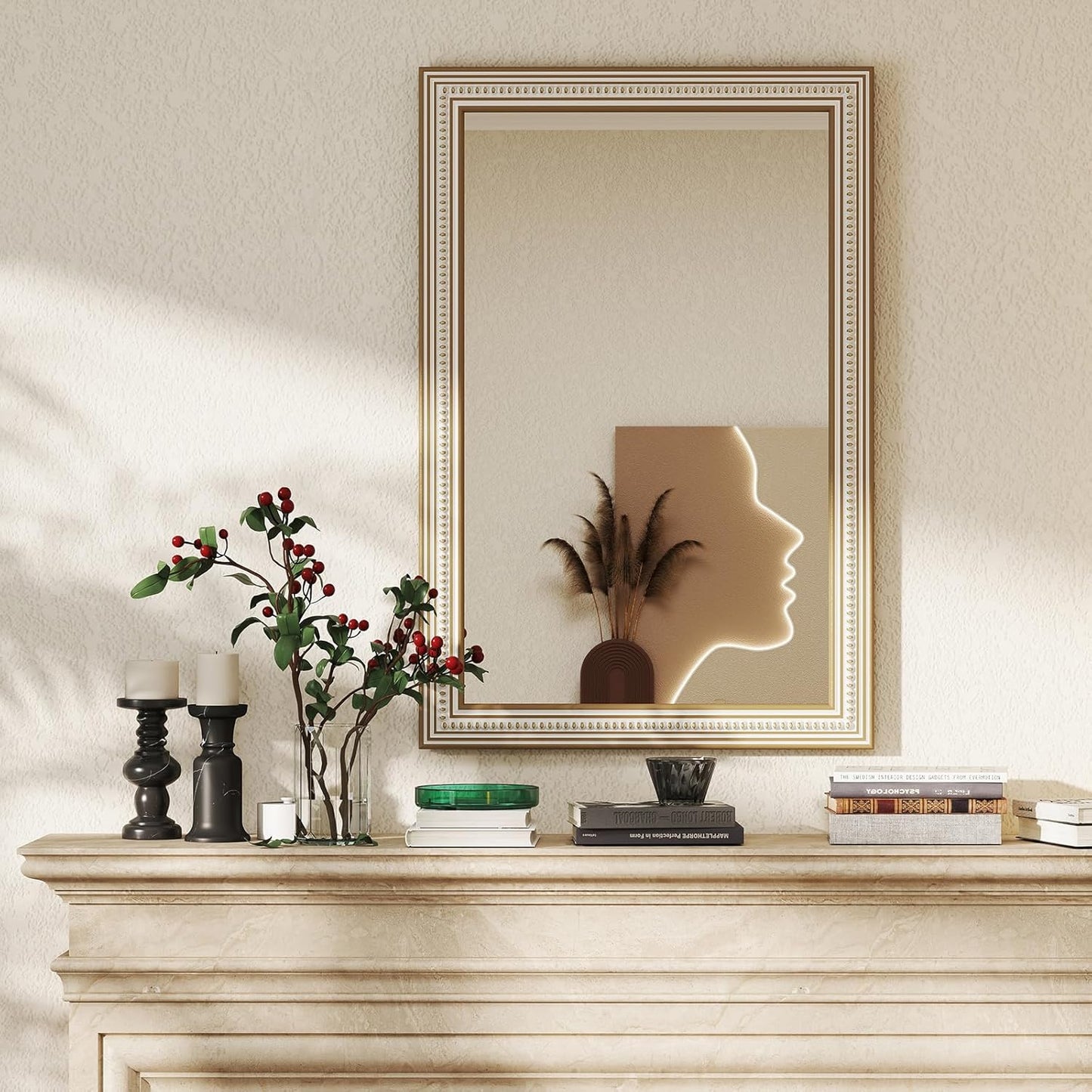 36x24 Inch Farmhouse Wooden Rectangle Mirrors for Wall with Beaded, Boho Decorative Rectangular Mirror for Bathroom, Living Room, Entryway, Foyer (Horizontal/Vertical Mount)