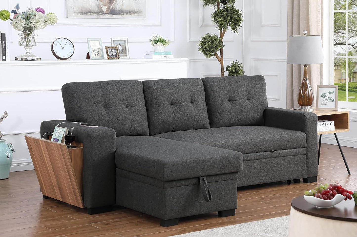 Ball & Cast L-Shape Reversible Sectional Sleeper Sofa Bed 4 in 1 Pull Out Couch with Storage Chaise USB Ports & Cup Holder Convertible Sleeper Corner Couch Pull-Out Sofa Bed for Living Room Office