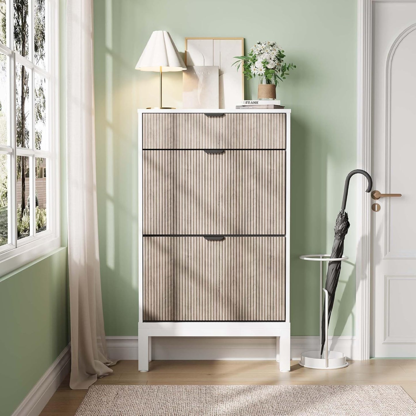 GarveeHome Shoe Storage Cabinet with 2 Flip Drawers, Farmhouse Fluted Shoe Organizer with Metal Legs, Freestanding Hidden Slim Narrow Shoe Rack for Entryway, Foyer, Hallway