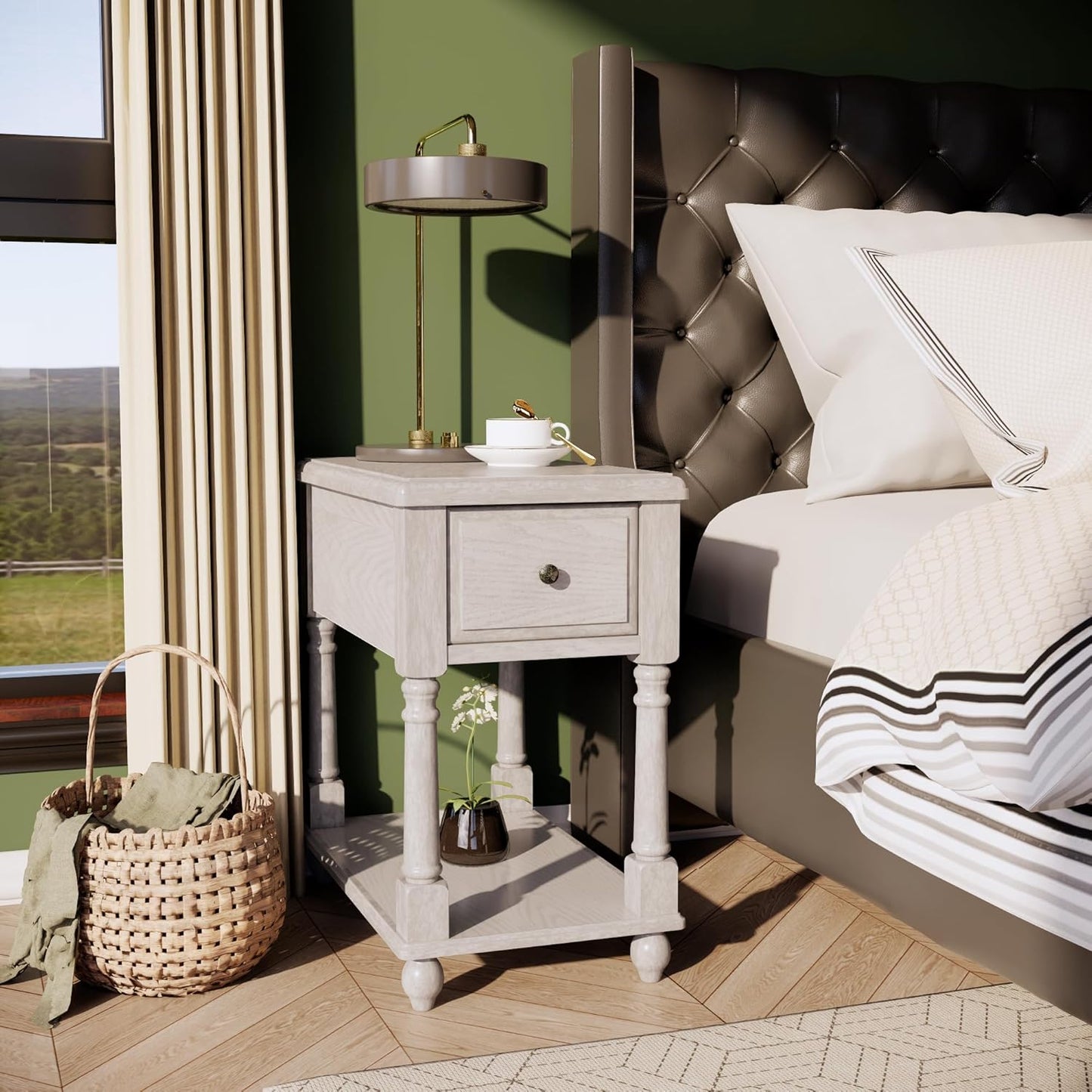 Narrow End Table with Drawer and Open Storage Shelf, Solid Wood Sofa Side Table for Living Room, Beside Table,Telephone Table for Small Spaces,No-Tools Assembly Vintage White BBJ004RW