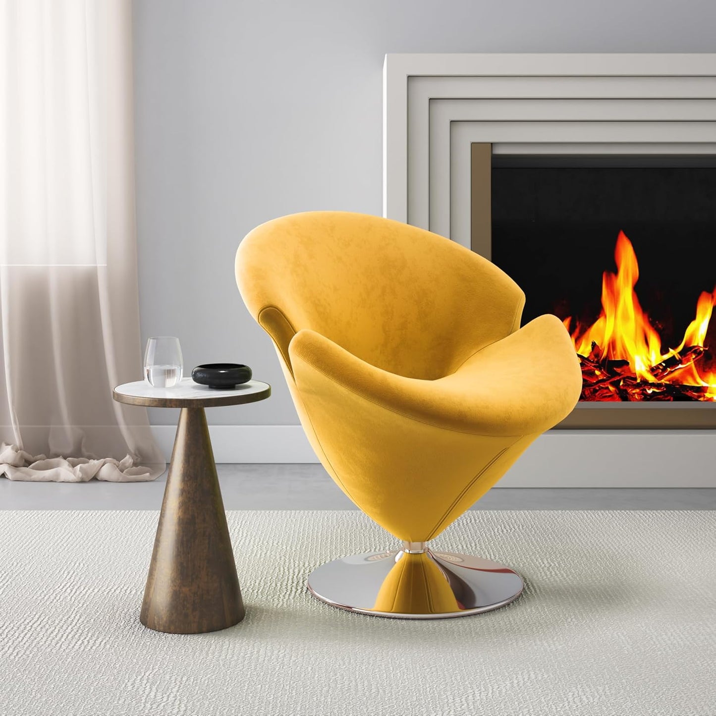 Manhattan Comfort Tulip Swivel Accent Chair with 360° Turn, Modern Flower Inspired Design, Soft Velvet Upholstery, Polished Chrome Base, No Assembly Required, 300 Lbs Capacity, Yellow