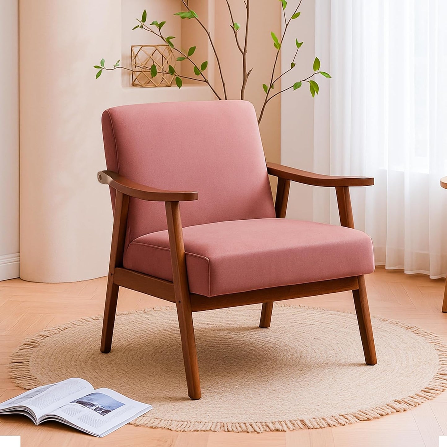 Container Furniture Direct Accent Chair with Microfiber Upholstery and Solid Wood Frame, Classic Mid-Century Modern Living Room Furniture for Extra Seating, Rose