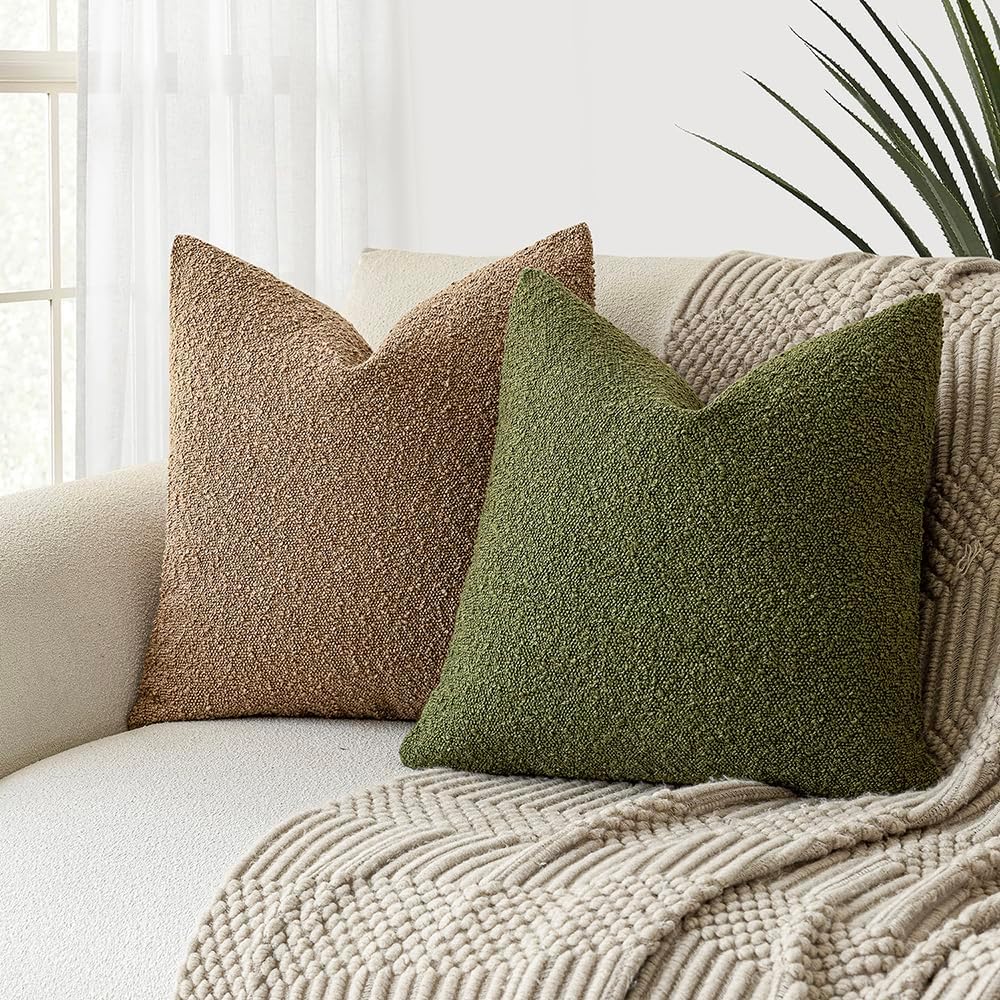 Foindtower Set of 2, Decorative Textured Boucle Throw Pillow Covers Accent Solid Pillow Cases Neutral Soft Cozy Couch Cushion Case for Chair Sofa Bedroom Living Room Home Decor 26 x 26 Inch Green
