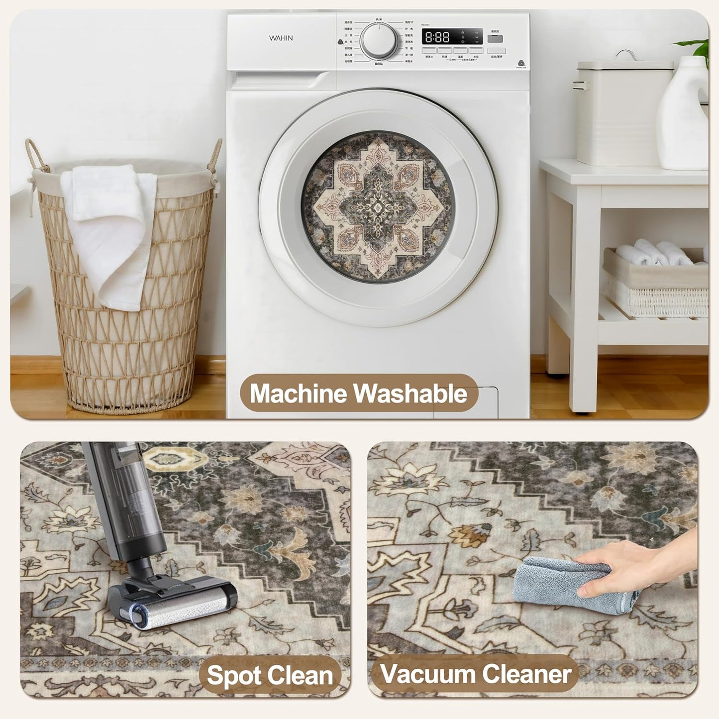 Tangsoo 3x5 Area Rug Vintage Washable Rugs Non Slip, Farmhouse Rugs Indoor Accent Rug Print Distressed Brown Grey Carpet, Soft Low Pile Rug for Living Room Bedside Entryway Bedroom