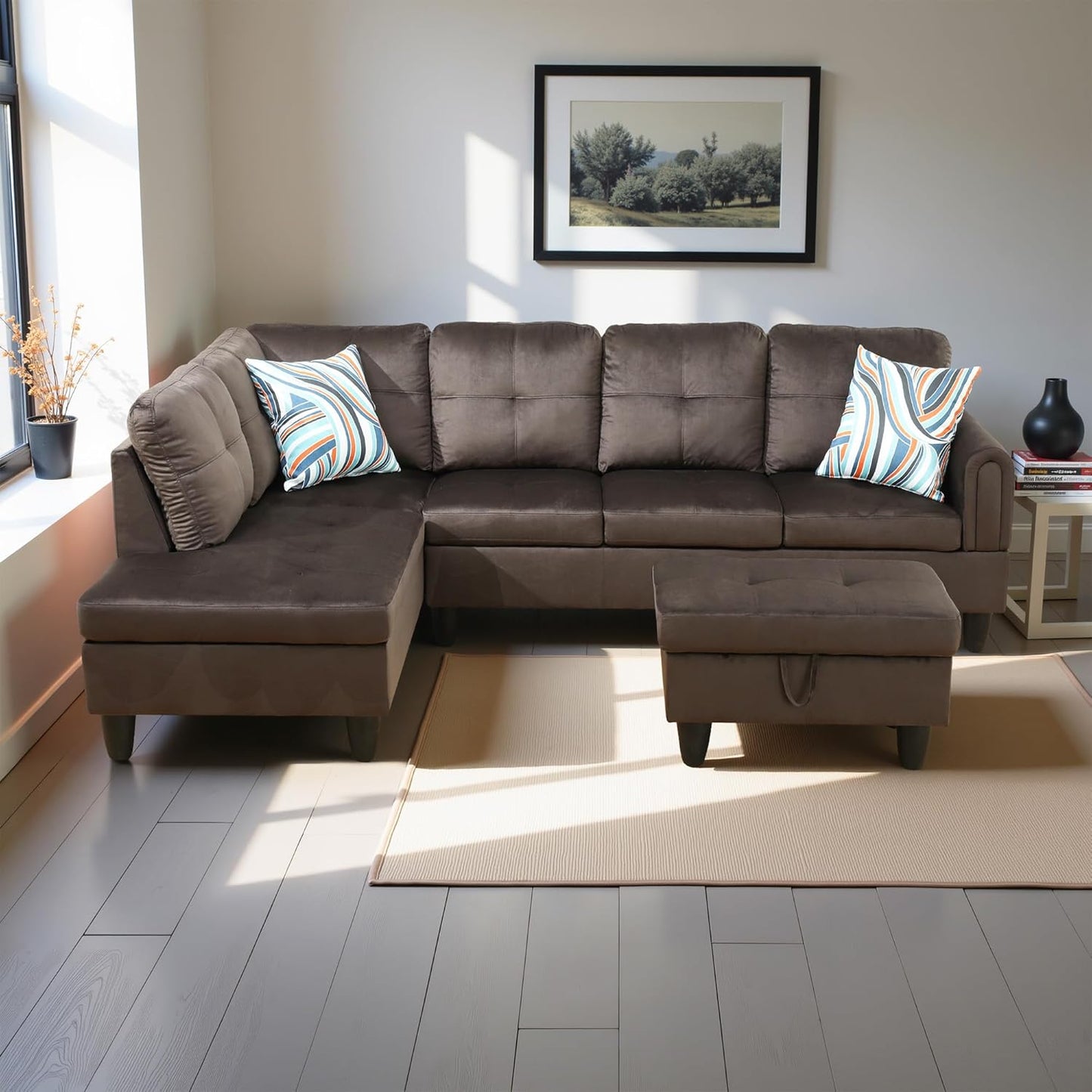 L Shaped Couch Modern Sectional Couch Upholstered Flannel Fabric 3 Pieces Sofas for Living Room with Chaise, Storage Ottoman for Office and Small Apartment, Dark Brown