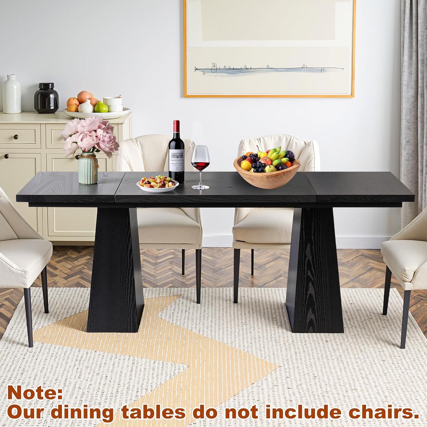 63 Inch Dining Table for 4-6, Modern Kitchen Dinner Table with Double Robust Pedestal, Wood Rectangular Eating Tables for Living Room, Dining Room, Dark Black