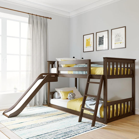 Max & Lily Twin Over Twin Low Bunk with Slide and Ladder, Wooden Bunk beds with 14” Safety Guardrail for Kids, Toddlers, Boys, Girls, Teens, Bedroom Furniture, Walnut