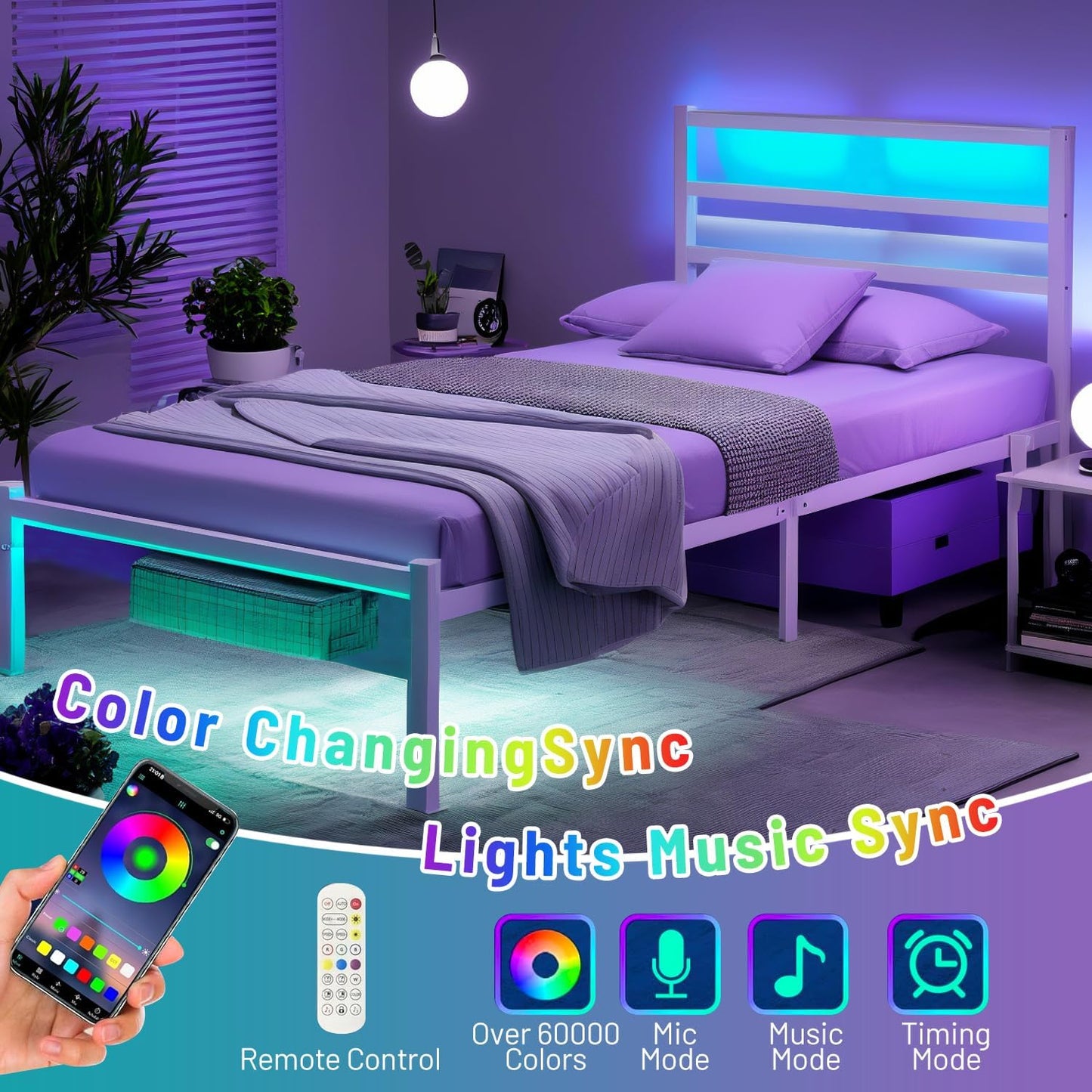 Twin Bed Frame with Headboard,Heavy Duty Steel Slats Support-LED Bed Frame with USB Charging Station,Mattress Foundation-Under Bed Storage,No Box Spring Needed,Noise Free,White