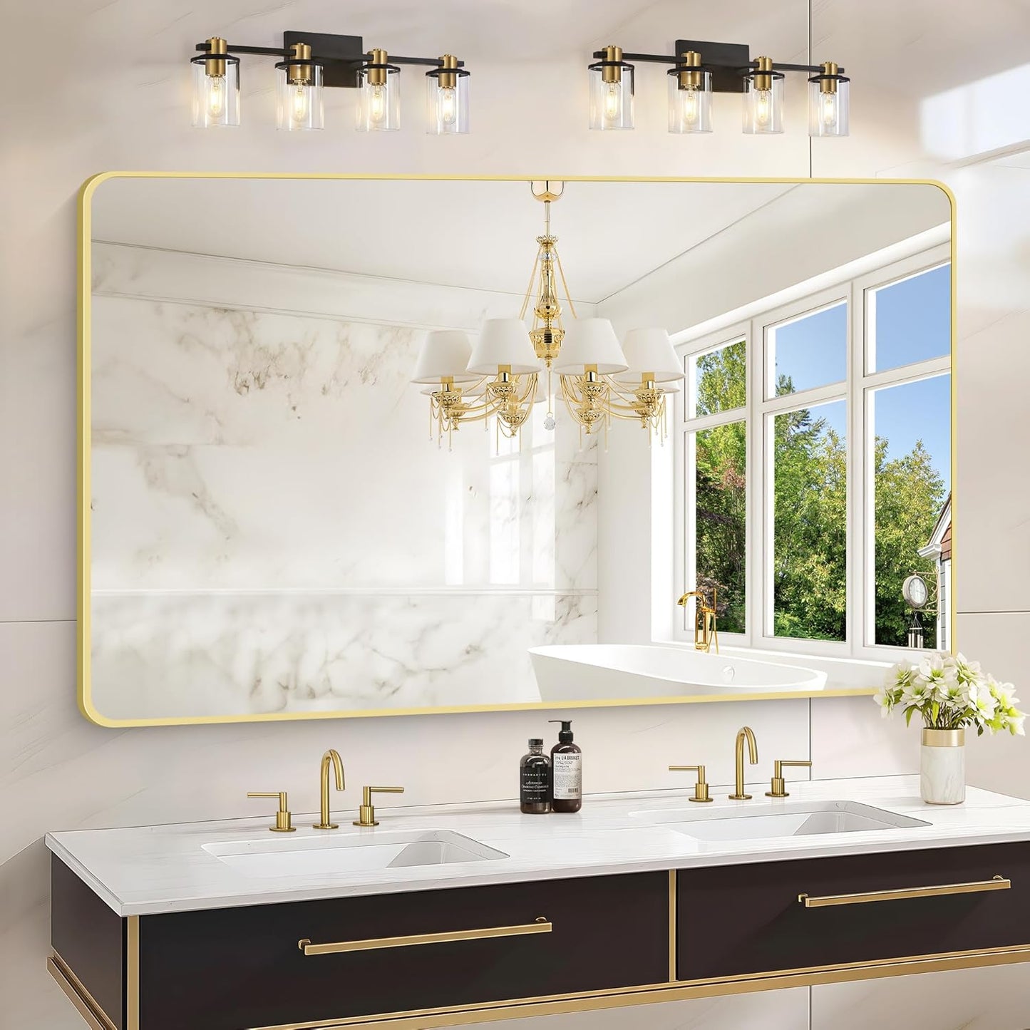 55x36 Inch Gold Bathroom Mirror, Metal Framed Large Rectangle Mirror, Rounded Rectangular Vanity Mirror, Wall Mounted Mirror for Over Sink Living Room Bedroom Entryway Horizontal/Vertical