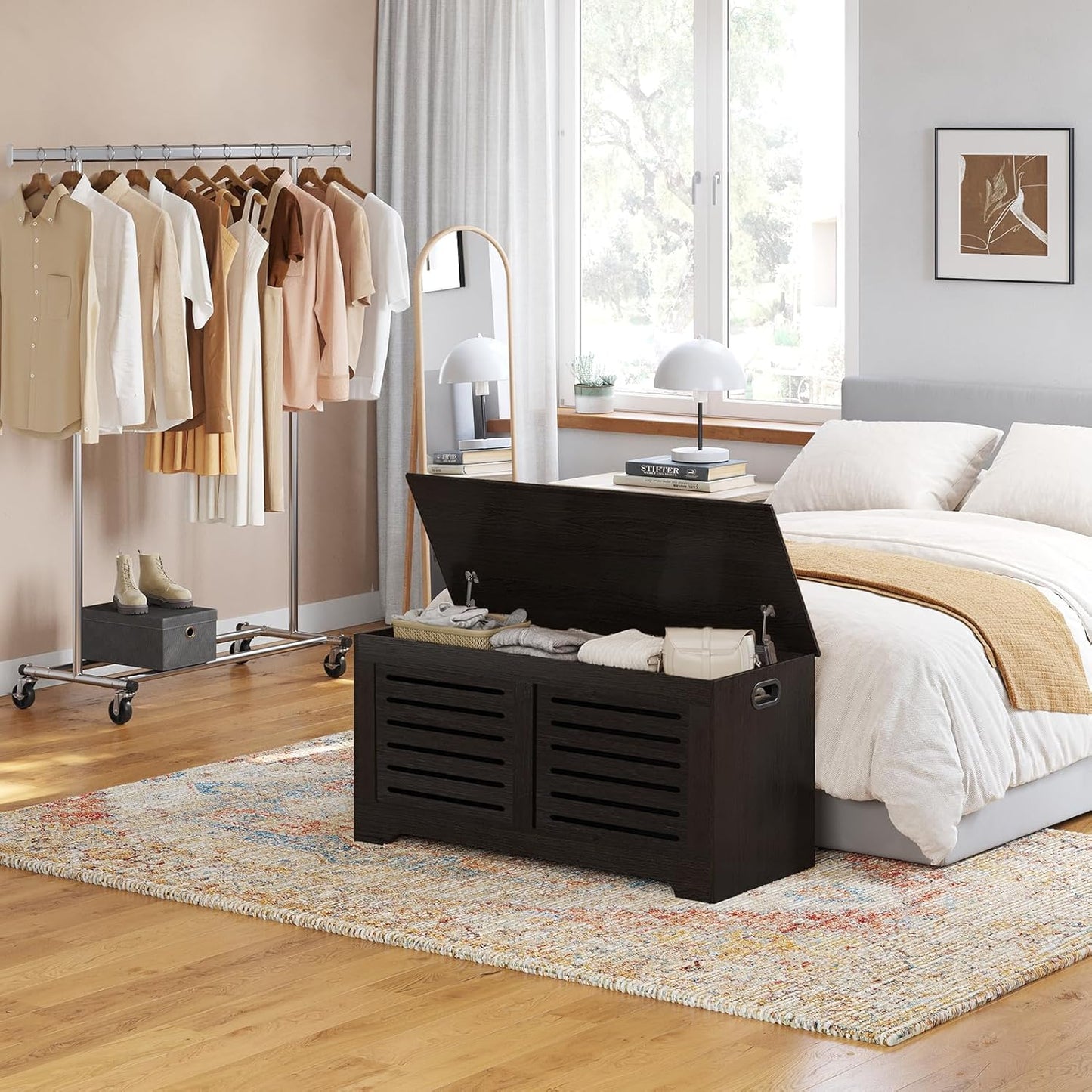 DINZI LVJ Storage Chest, 39.4”Wooden Toy Box with 2 Safety Hinges, Retro Entryway Shoe Storage Bench with Flip-Top, Sturdy Large Storage Trunk for Living Room, Bedroom, Easy Assembly, Espresso