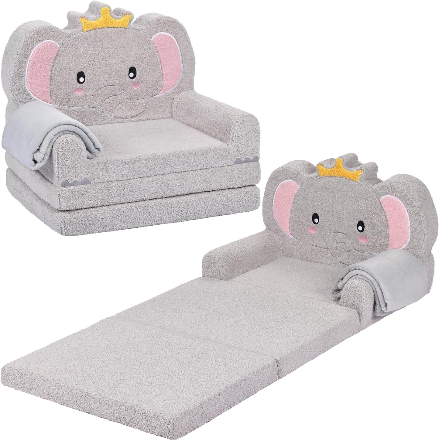 Kids Couch, 2-in-1 Soft Toddler Couch Fold Out with Blanket, Chair Comfy, Foldable Convertible Plush Sofa to Lounger, Gifts for Kids Girl Boys, Elephant
