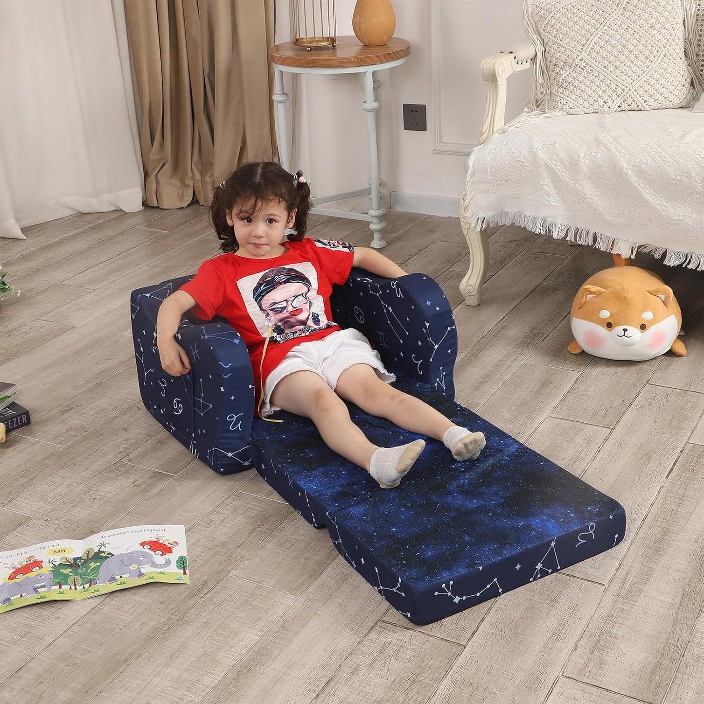 Constellation Kids Sofa, 2-in-1 Kids Couch Fold Out, Convertible Sofa to Bed for Girls and Boys