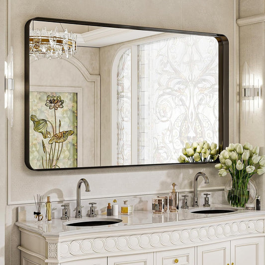 Large Bathroom Mirror 30x56 inch, Gorgeous Deep Frame Wall Vanity Mirror for Over Sink with Shatterproof Tempered Glass, Hanging Horizontal or Vertical, Black