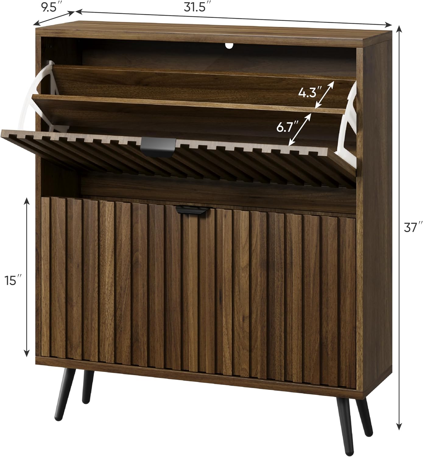 Smuxee Shoe Cabinet with 2 Flip Drawers, 31.5" Walnut Hidden Shoe Storage Cabinet with Fluted Design, Freestanding Shoe Organizer Cabinet for Entryway, Hallway, Closet, Living Room