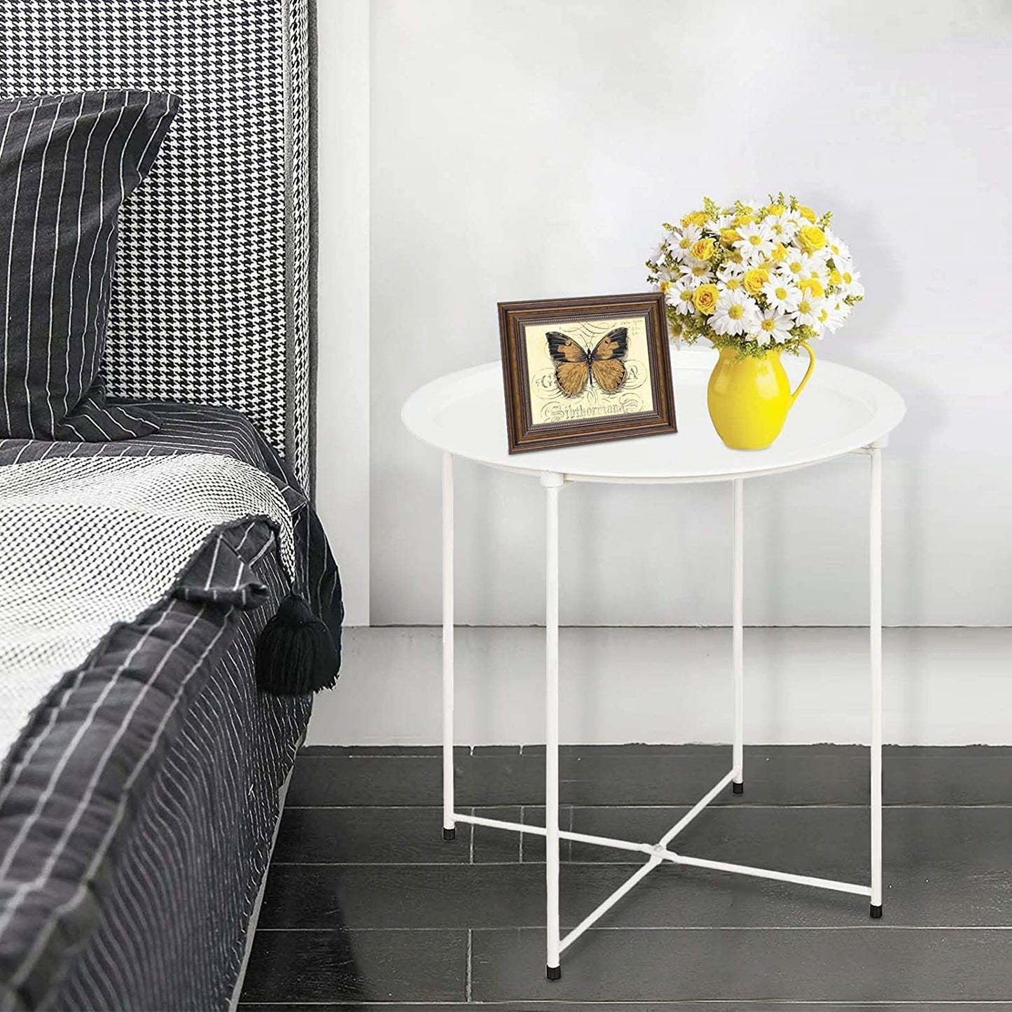 Garden 4 you End Table Metal Side Table Round Folding Tray Cyan Sofa Small Accent Fold-able Table, Round End Table Tray, Next to Sofa Table, Snack Table for Living Room and Bed Room,White