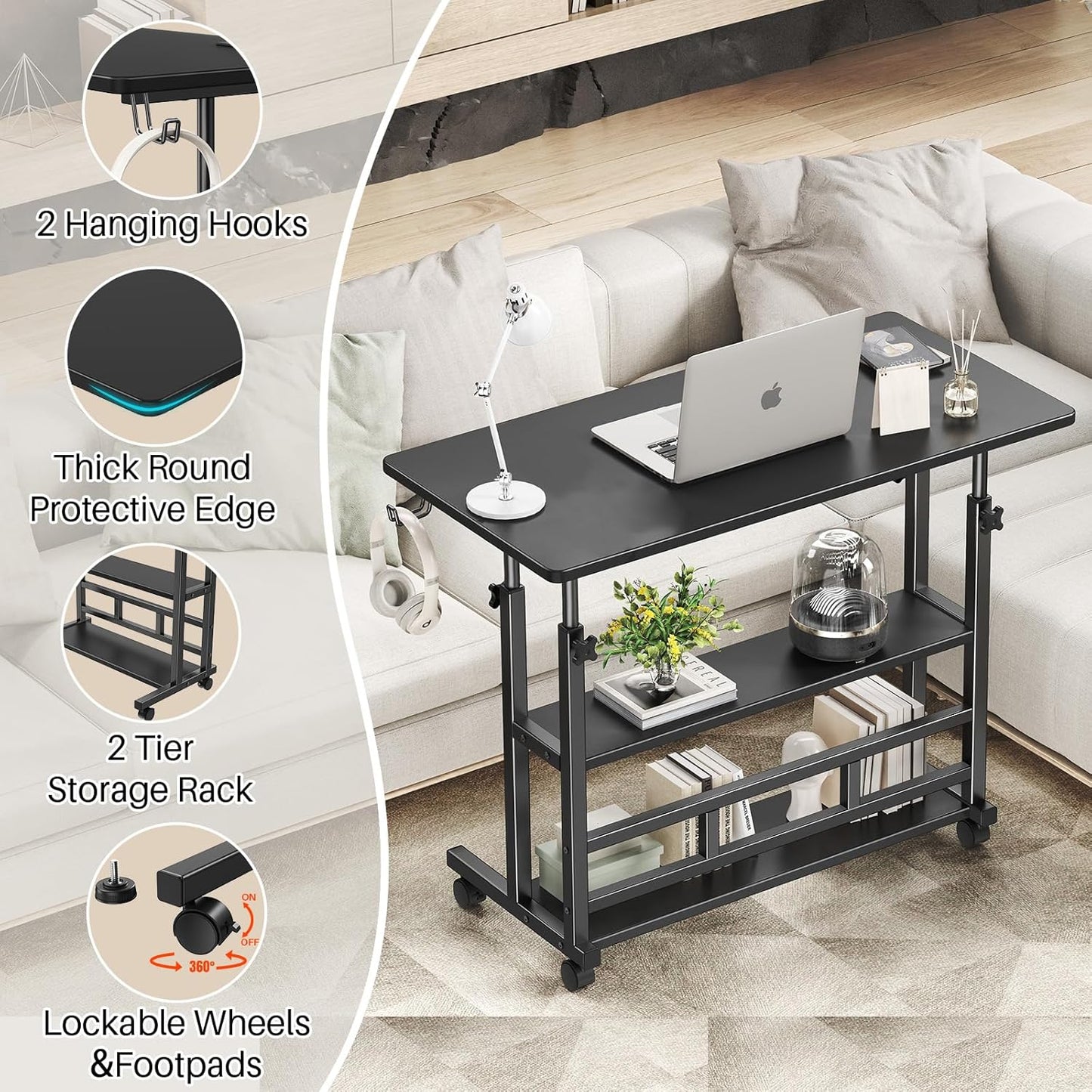 Adjustable Height Standing Desk, Rolling Stand Up Desk with Storage Shelves, 31.5" Small Mobile Computer Desk, Portable Laptop Table (Simple Black)