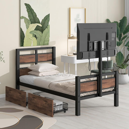 Twin Size Metal Platform Bed with MDF Headboard and Footboard,Two Storage Drawers and Rotatable TV Stand,Industrial Modern Bunk-Bed,No Box Spring Needed,for Juniors&Adults,Black