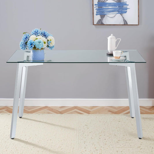 Dining Table for 6 Kitchen Table 51" Rectangular Modern Glass Dining Table Kitchen & Dining Room Tables with Glass Tabletop and Metal Legs for Dining Room and Kitchen, Silver