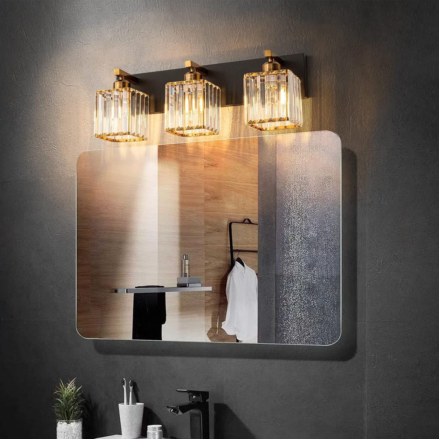 Modern Bathroom Vanity Light 3-Lights Black Gold Crystal Bathroom Wall Light Vanity Light Fixtures，20.47-inch Modern Minimalist Design