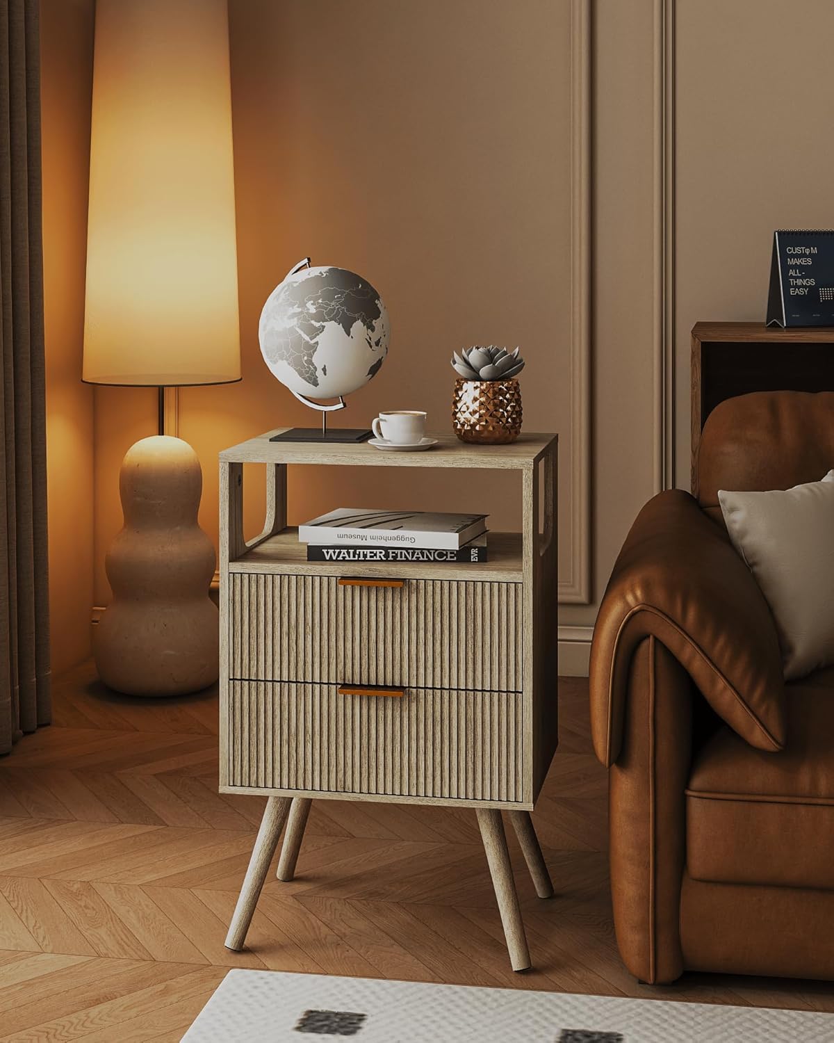 Grey Nightstand,Modern Bedside Table with 2 Storage Drawer and Open Wood Shelf, for Bedroom and Small Spaces,Night Stand with Solid Wood Legs,Grey Oak