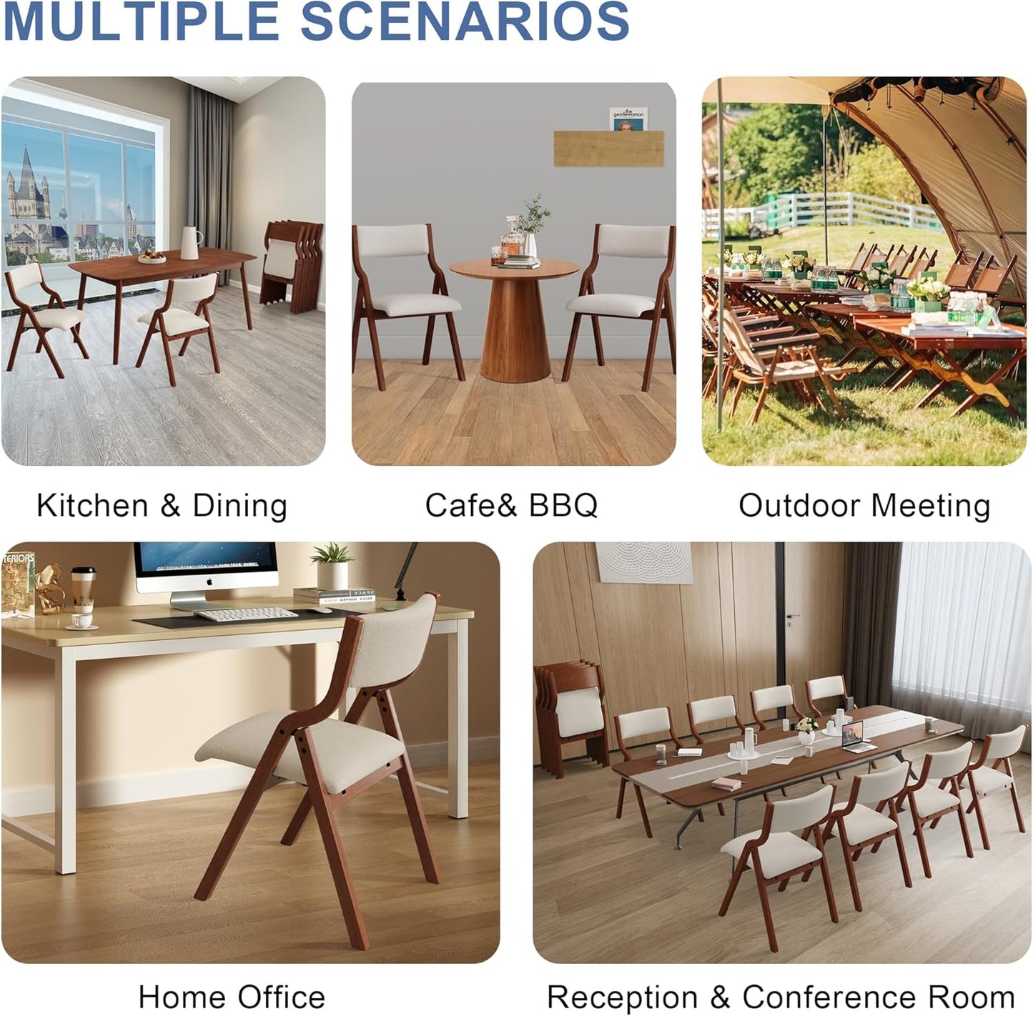 Ball & Cast Upholstered Folding Chairs Set of 2 with Ergonomically Designed Back and Solid Wood Frame, for Dining Room and Office,Indoor and Outdoor Events,Space Saving,Cream White+Cherry