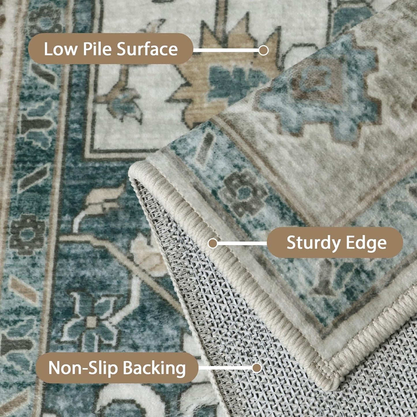 GENIMO 2x5 Runner Rugs for Hallway, Machine Washable Non Slip Vintage Rugs, Low Pile Lightweight Soft Print Rug for enrtyway, Corridor, Home Office, Kitchen,Ash Blue