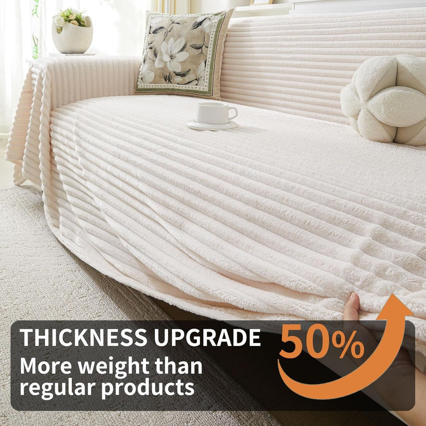 HAOMAIJIA Faux Fur Sofa Covers Couch Covers for 2 Cushion Couch Sofa Pet Friendly Soft Non Slip Couch Cover for Dogs Washable Sectional Couch Covers L Shape Furniture Protector (Off White, 71"x102")