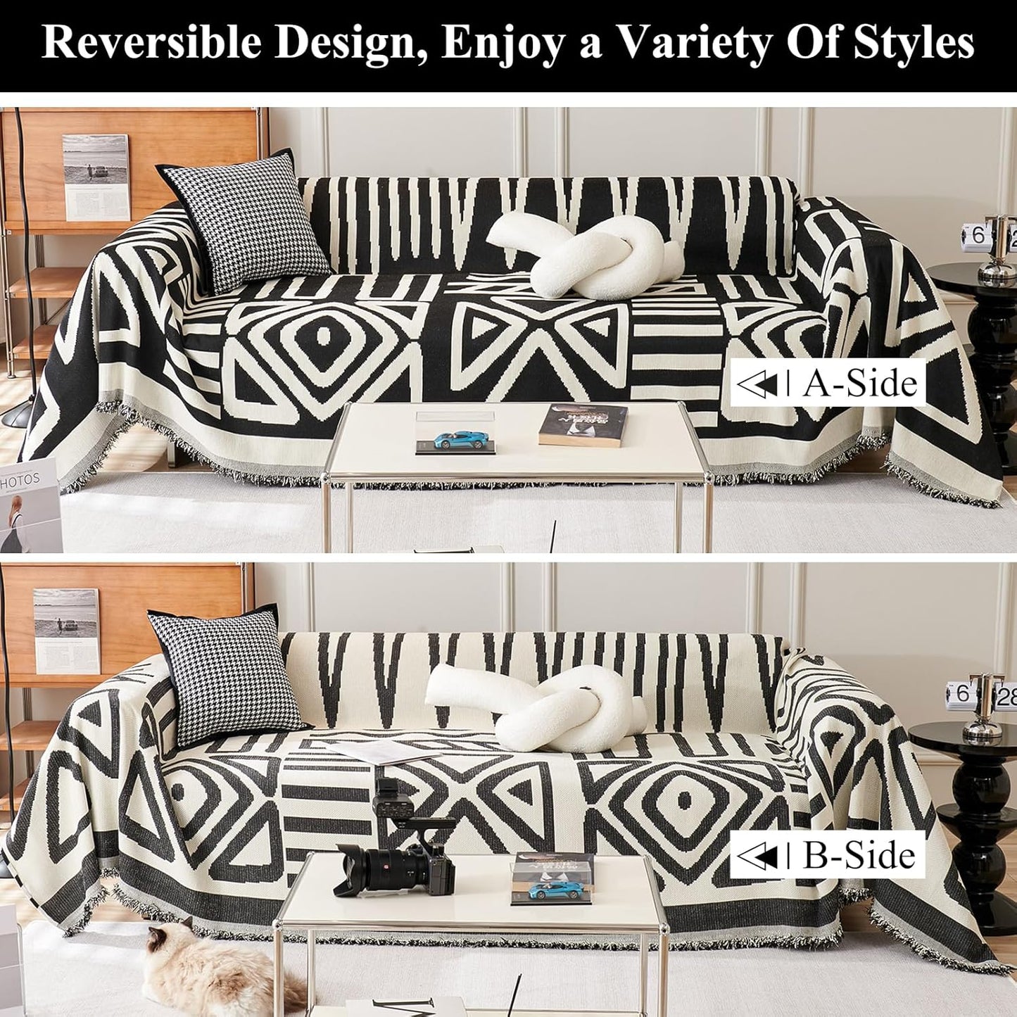 STACYPIK Durable Boho Couch Cover for Dog Anti-Scratch Black White Triangle Sofa Cover for 2 Cushion Couch Anti Slip L Shaped Couch Cover Reversible Loveseat Covers Multi-Use Sofa Throw Cover-91X118IN