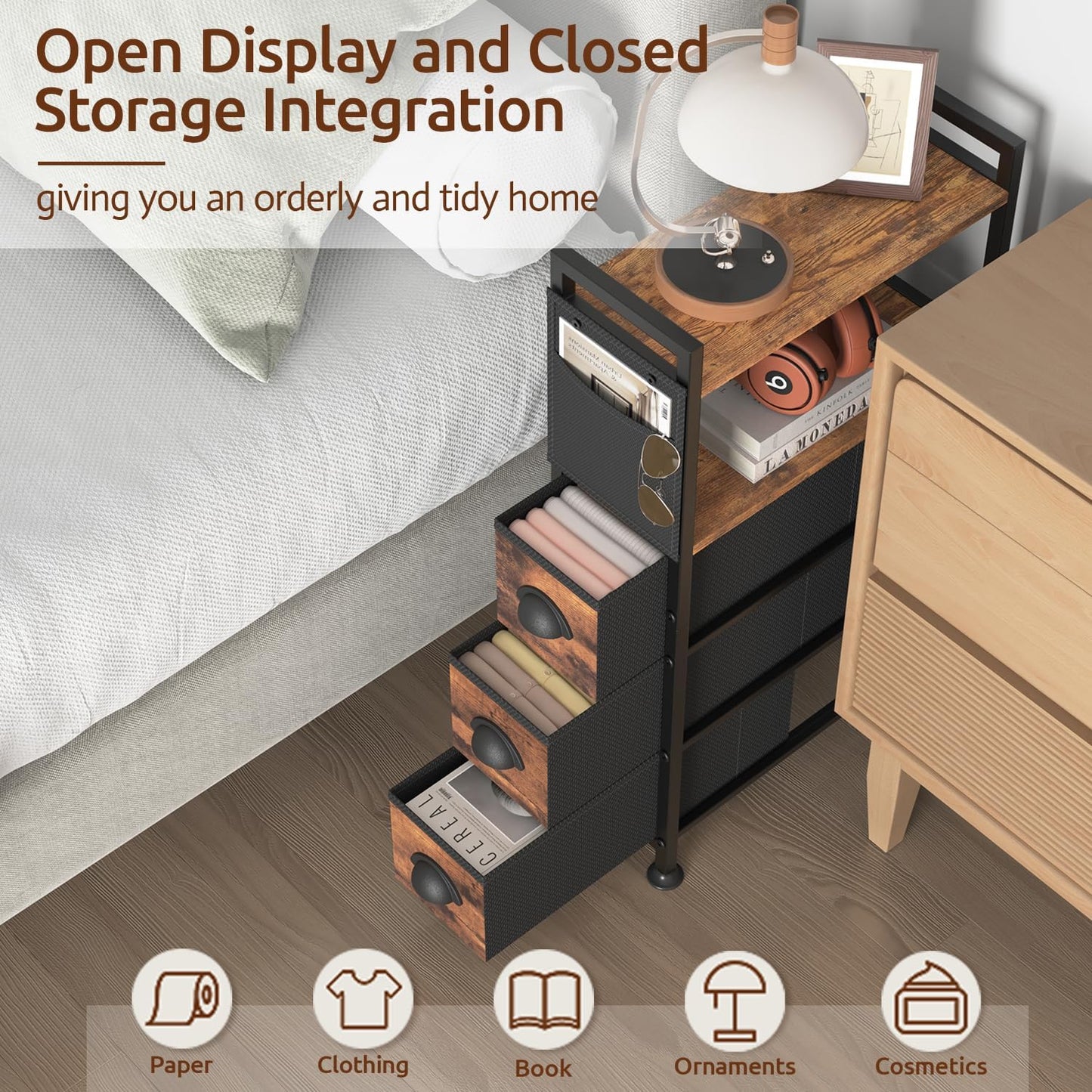 3 Drawer Narrow Dresser Side End Table Small Spaces, Slim Nightstand Bedside Sofa Table with Wheels, Space Saving Skinny Thin Couch Desk with Storage Bag for Bedroom Living Room Bathroom,Black