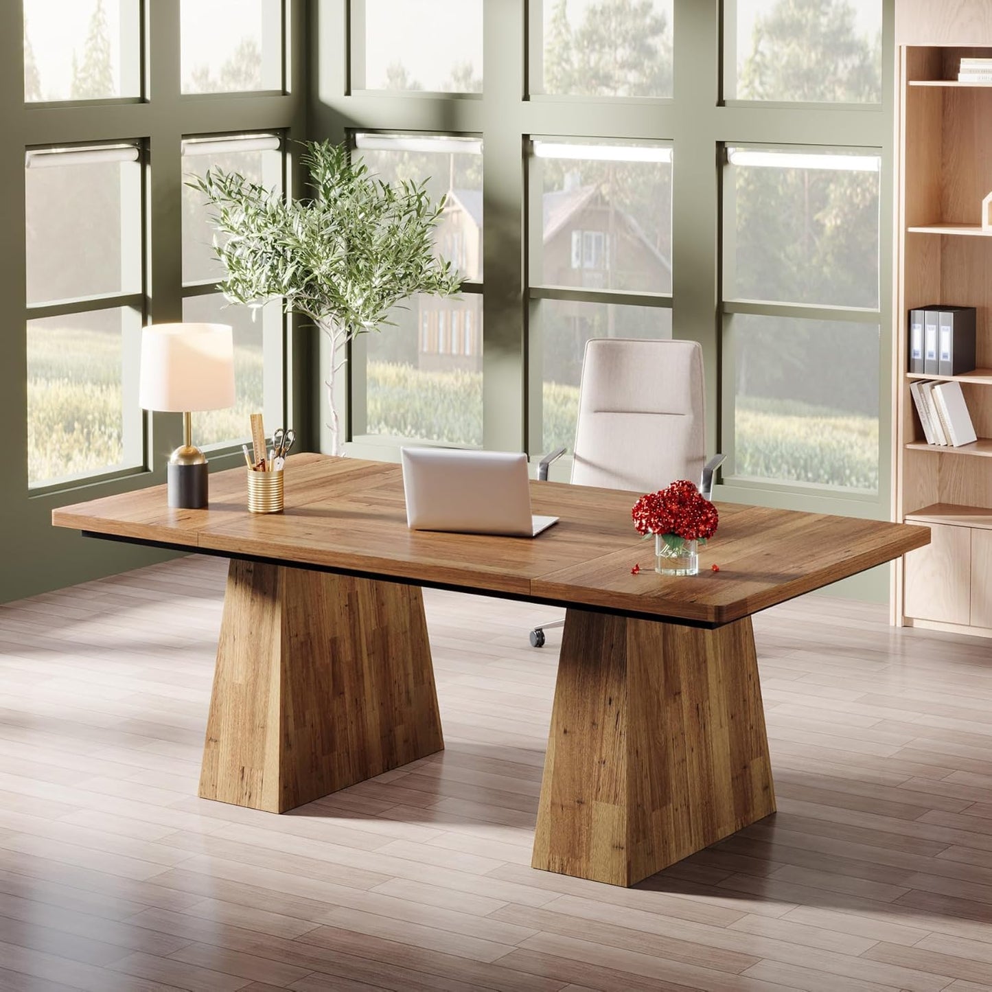 Tribesigns 63-Inch Executive Desk, Large Office Computer Desk with Double Pedestal, Modern Simple Workstations Writing Table Conference Table Business Furniture for Home Office, Light Brown