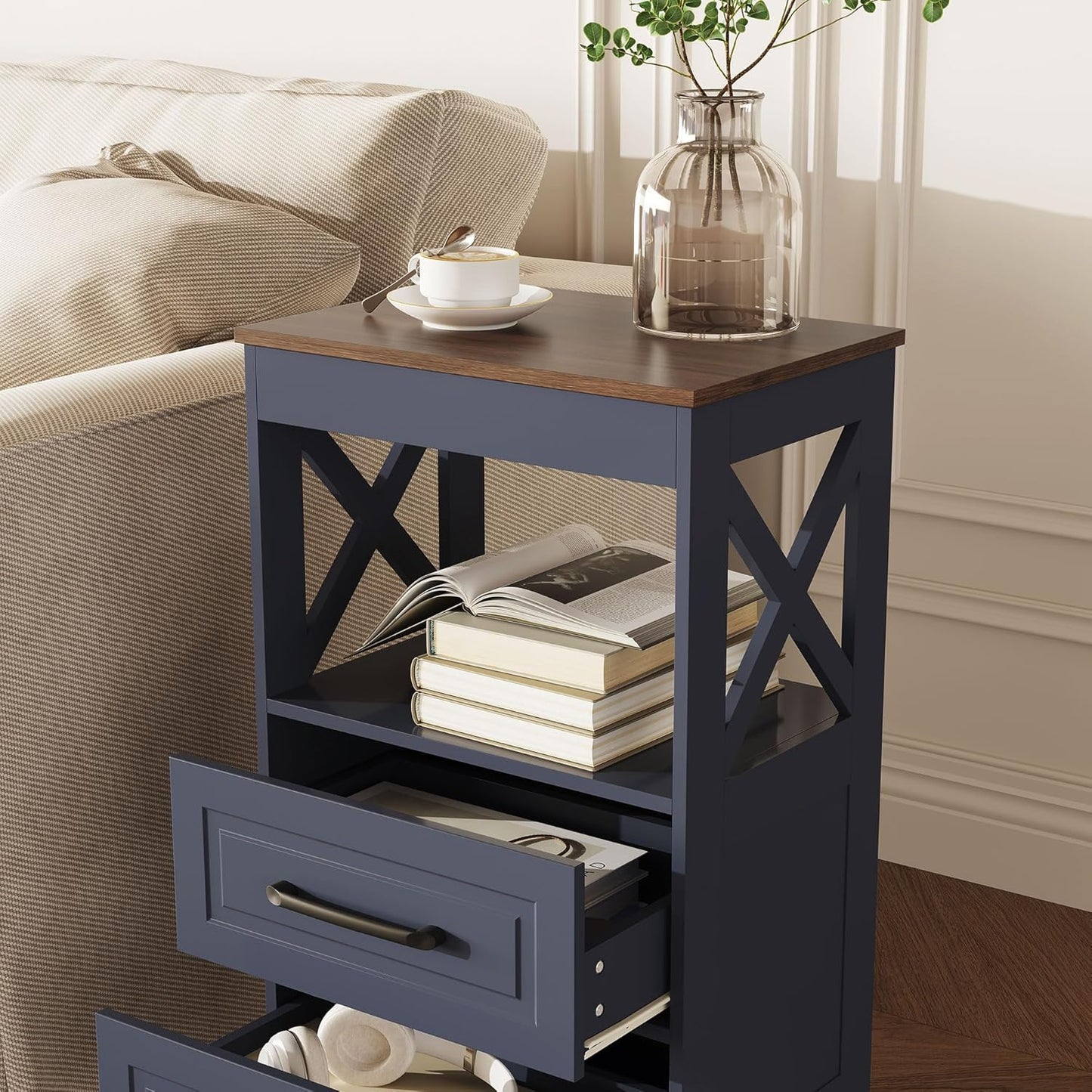 Tall Nightstand Set of 2 Side Table with 2 Drawers Modern Night Stand Wooden Rustic End Table Bedside Table with Upper Open Shelf Solid Feet for Bedroom, Living Room, Navy Blue+Walnut