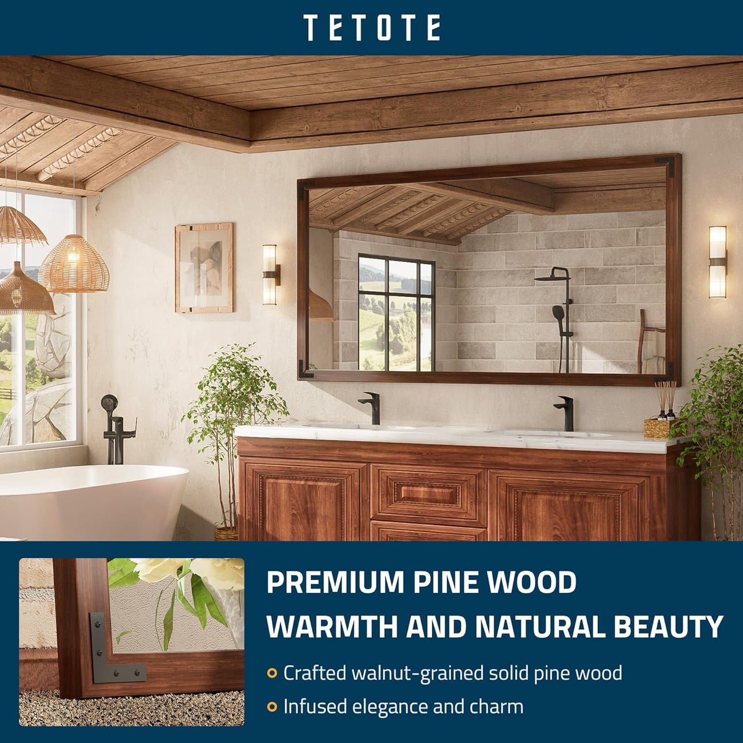 TETOTE 72 x 36 Walnut Wood Mirror for Bathroom Wall/Bedroom/Living Room/Entryway Farmhouse Rustic Bathroom Vanity Mirror Waterproof (Horizontal/Vertical Mounted)