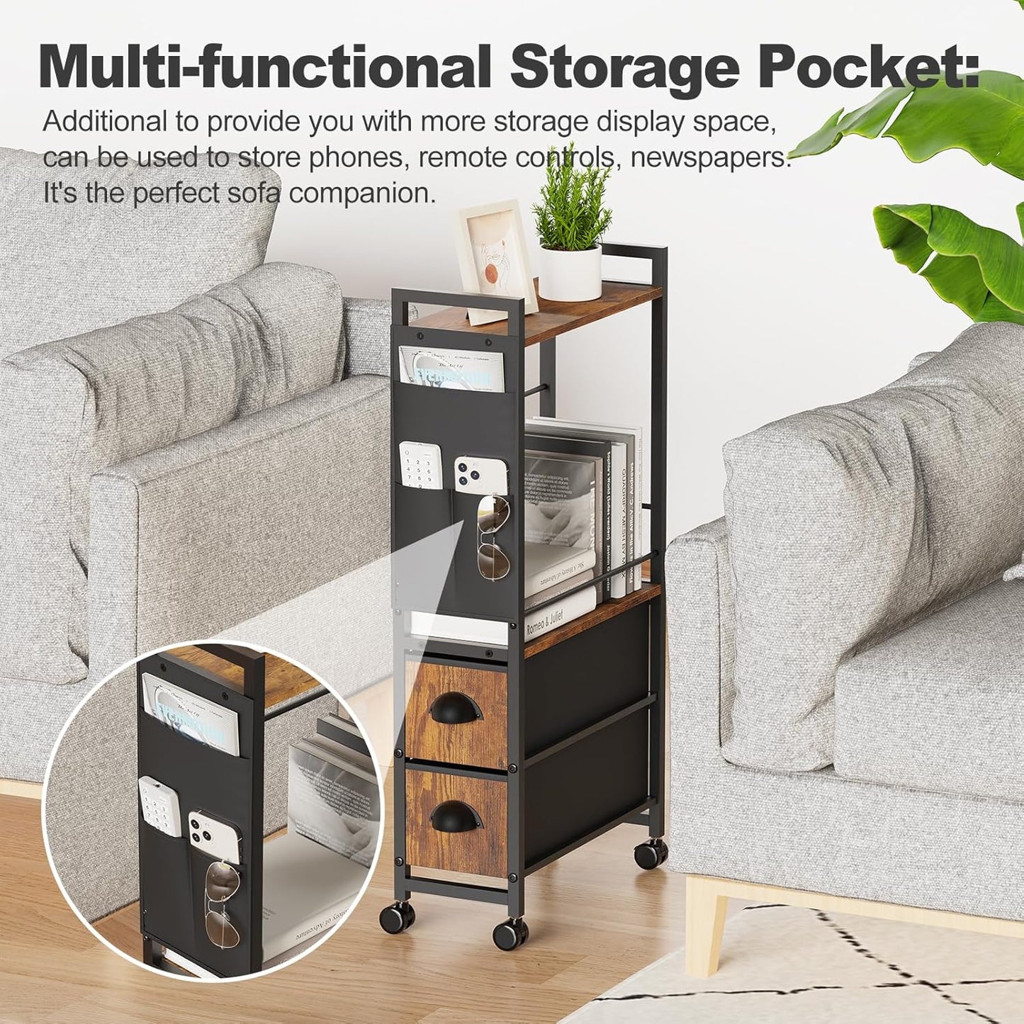 Narrow Side Tables with 2 Drawer for Small Spaces, Skinny Thin Bedside Nightstand End Table on Wheels, Rolling Slim Tall Desk with Storage Bag for Sofa Living Room Dorm Bedroom Couch Bathroom