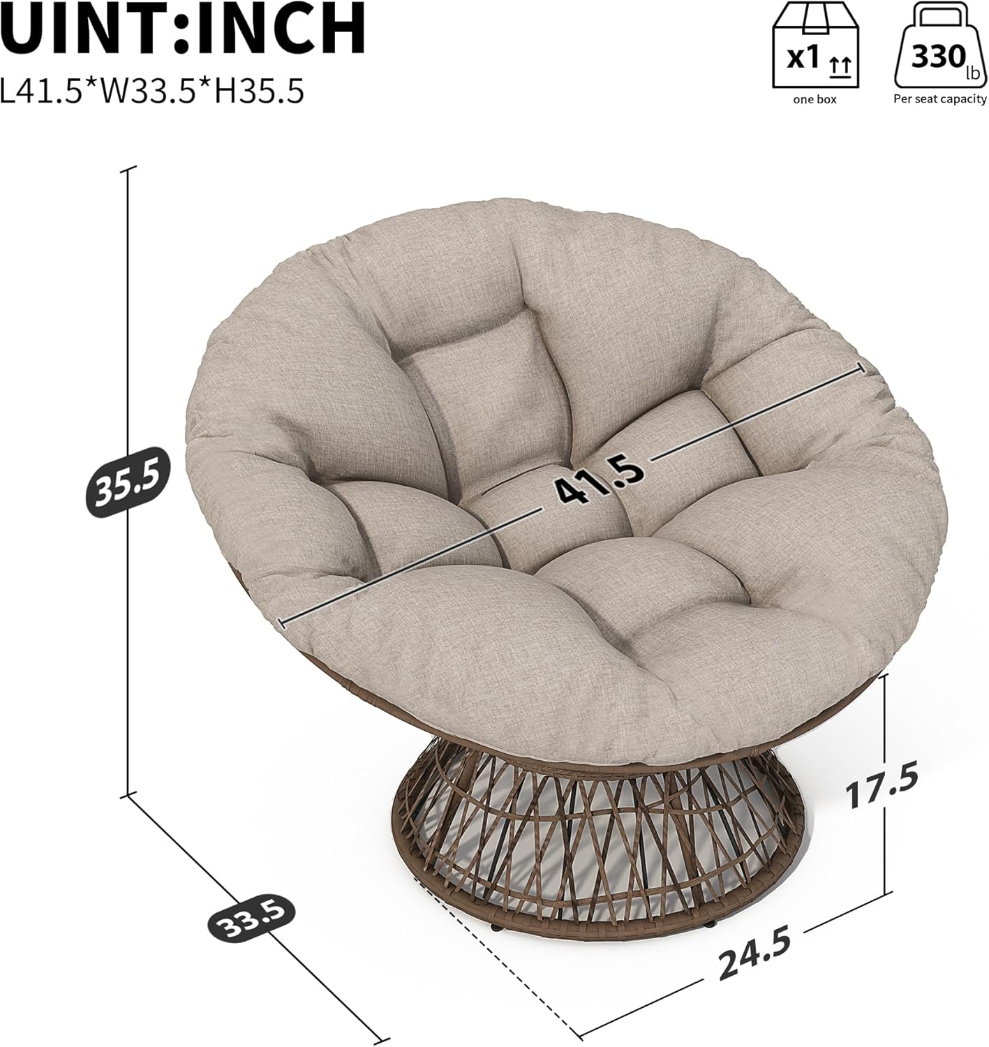 Ball & Cast Ergonomic Wicker Chair with Cloud Thick Density Fabric Cushion,Accent Chair W/ 360 Degree Swivel,Sturdy Metal Frame,Height Adjustable,for Reading,Living Room Bedroom,Lounge,Brown+Beige