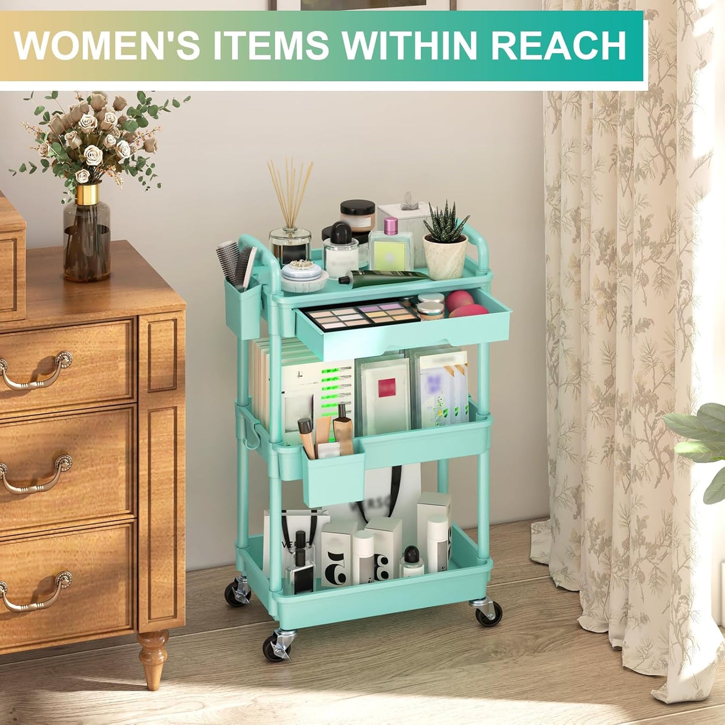 Goovilla 3 Tier Rolling Utility Cart Organizer with Removable Drawer, Stable and Sturdy Blue Rolling Storage Carts with 2 Lockable Wheels for Bathroom, Kitchen, Snack, Craft, Makeup, Baby Essentials