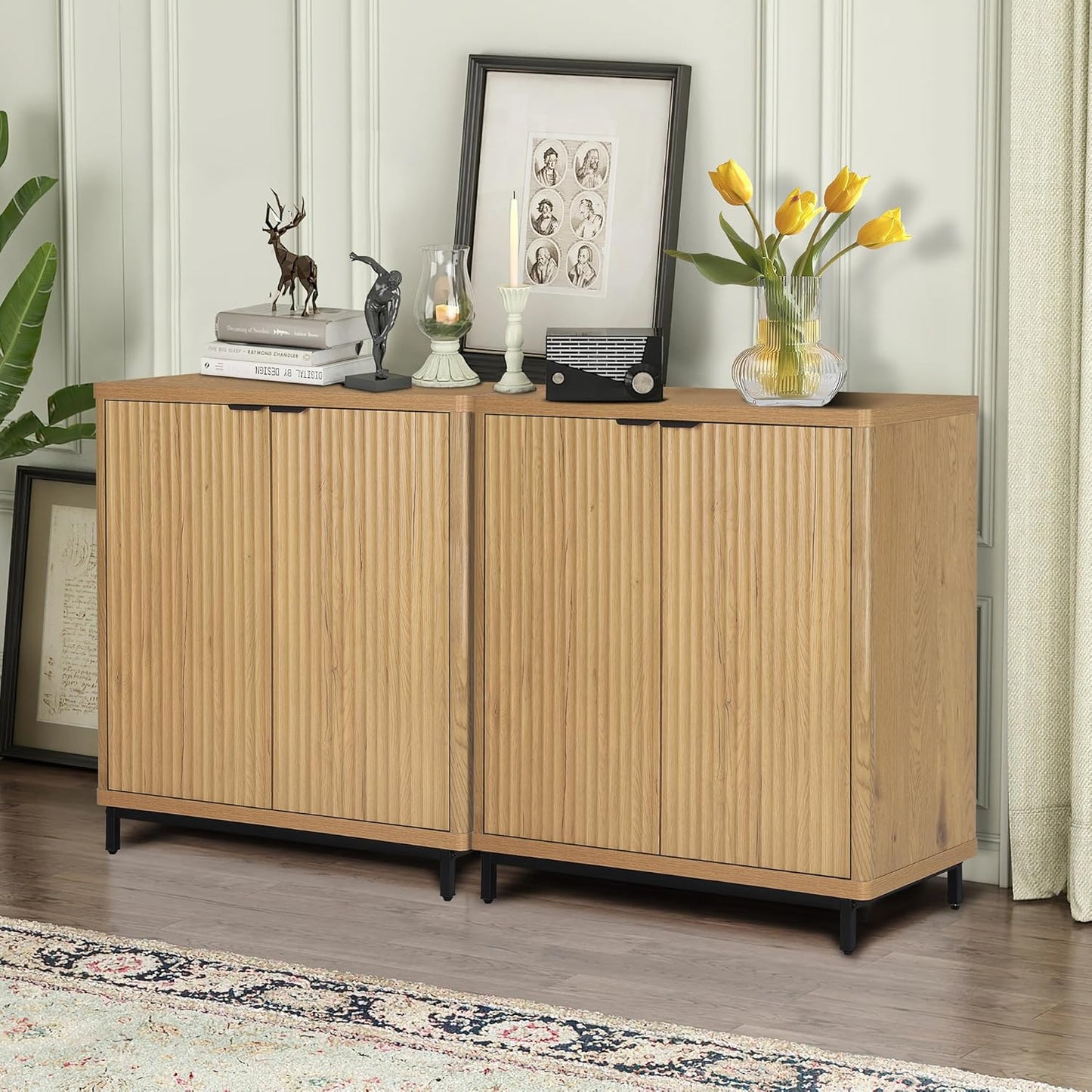 Buffet Cabinet with Storage Accent Sideboard Modern Credenza with 2 Doors & 3 Shelves Fluted Media Console for Living Room Kitchen Dining Room Hallway (Natural Oak)