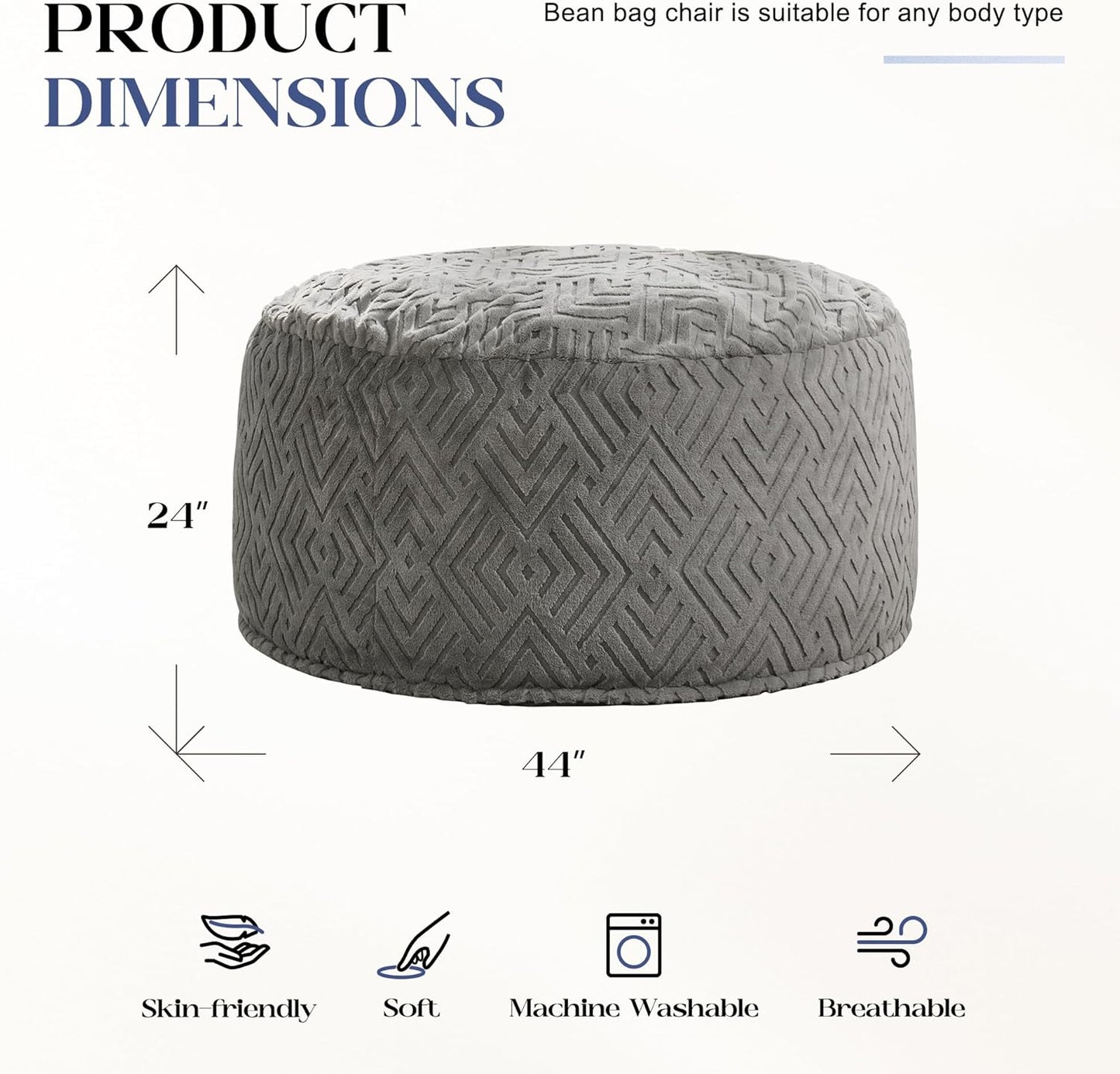 Hobestluk Bean Bag Chairs Adults Beanbag Chair with Filler Large Bean Bags with Fluffy Embossed Cover, Giant Bean Bag Chairs for Adults (Grey, 4FT - 44” x 44” x 24”)