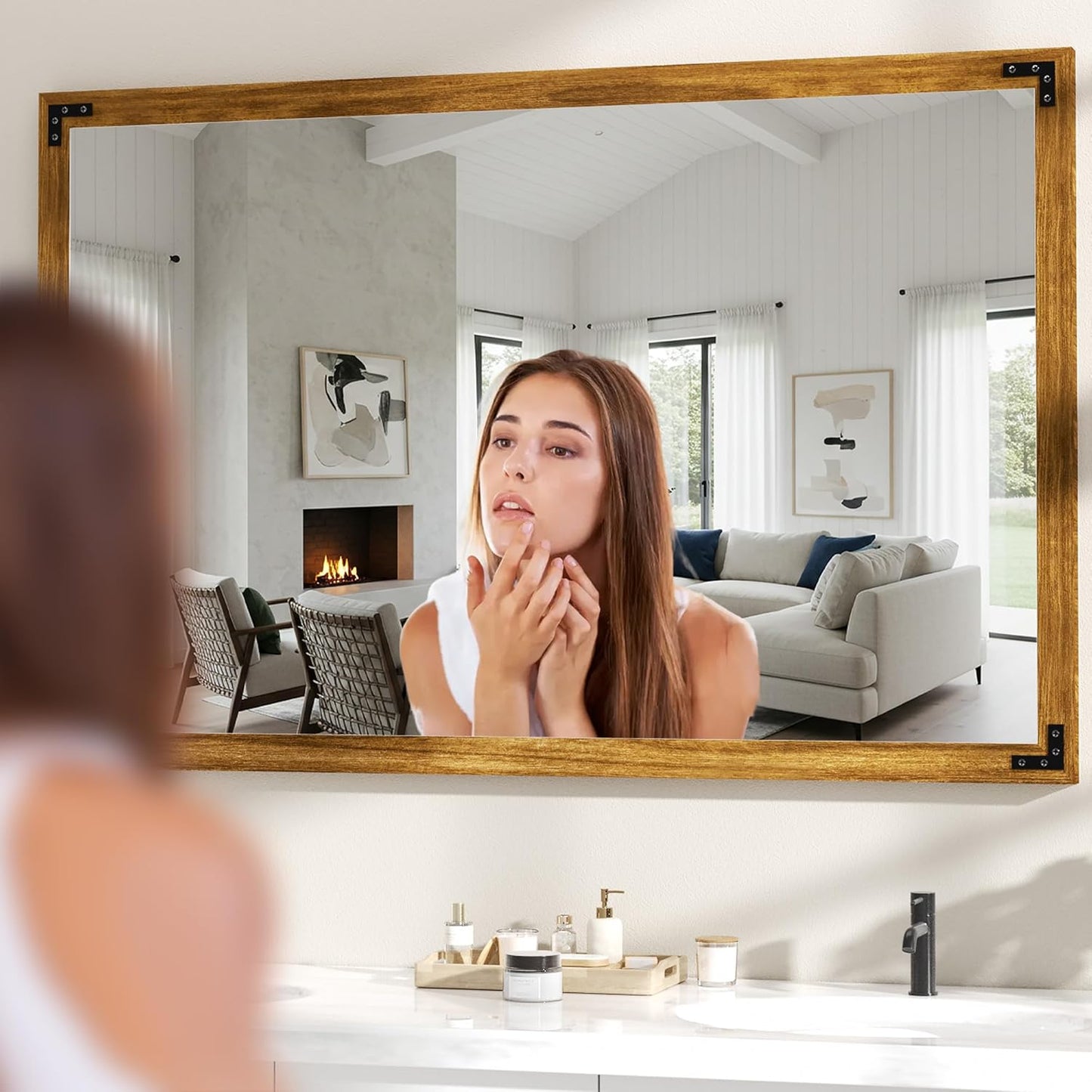 Hasipu Farmhouse Bathroom Mirror, 48"x32" Rustic Wood Framed Wall Mounted Mirror, Walnut Vintage Vanity Mirror Modern Farmhouse Style Decrative Mirrors