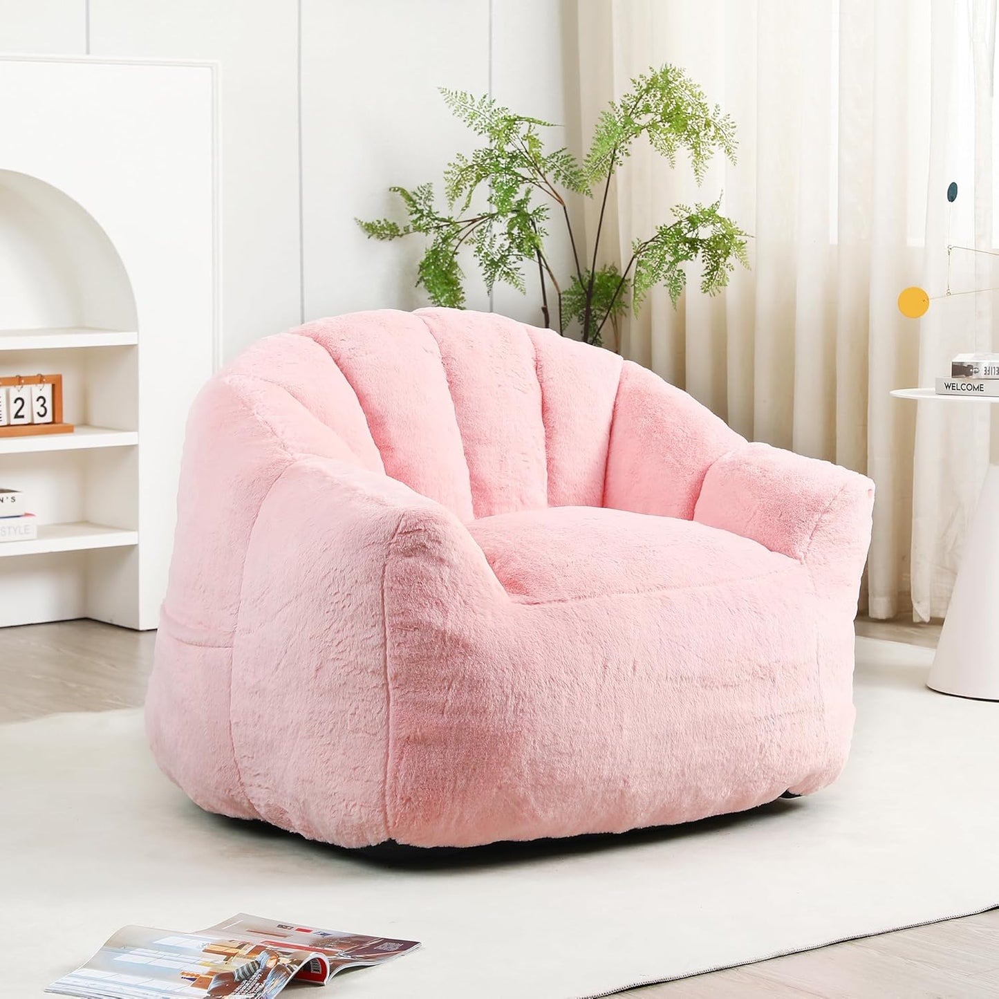Furniliving Bean Bag Chair, Giant Bean Bag Chair Stuffed Floor Sofa for Adults Comfy Bean Bag Sofa with Back Support, Oversized Bean Bag Couch for Living Room Bedroom Dorm Office, Faux Leather, Pink
