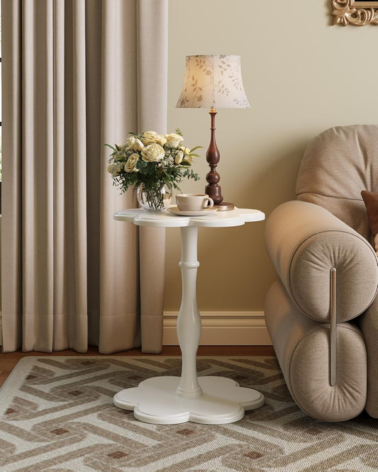 Accent Solid Wood End Table for Living Room, Small Bedside Tables Nightstand for Bedroom, Unique Pedestal Side Table, Round Wooden Tables for Drinks, Plants & Home Decor (White)