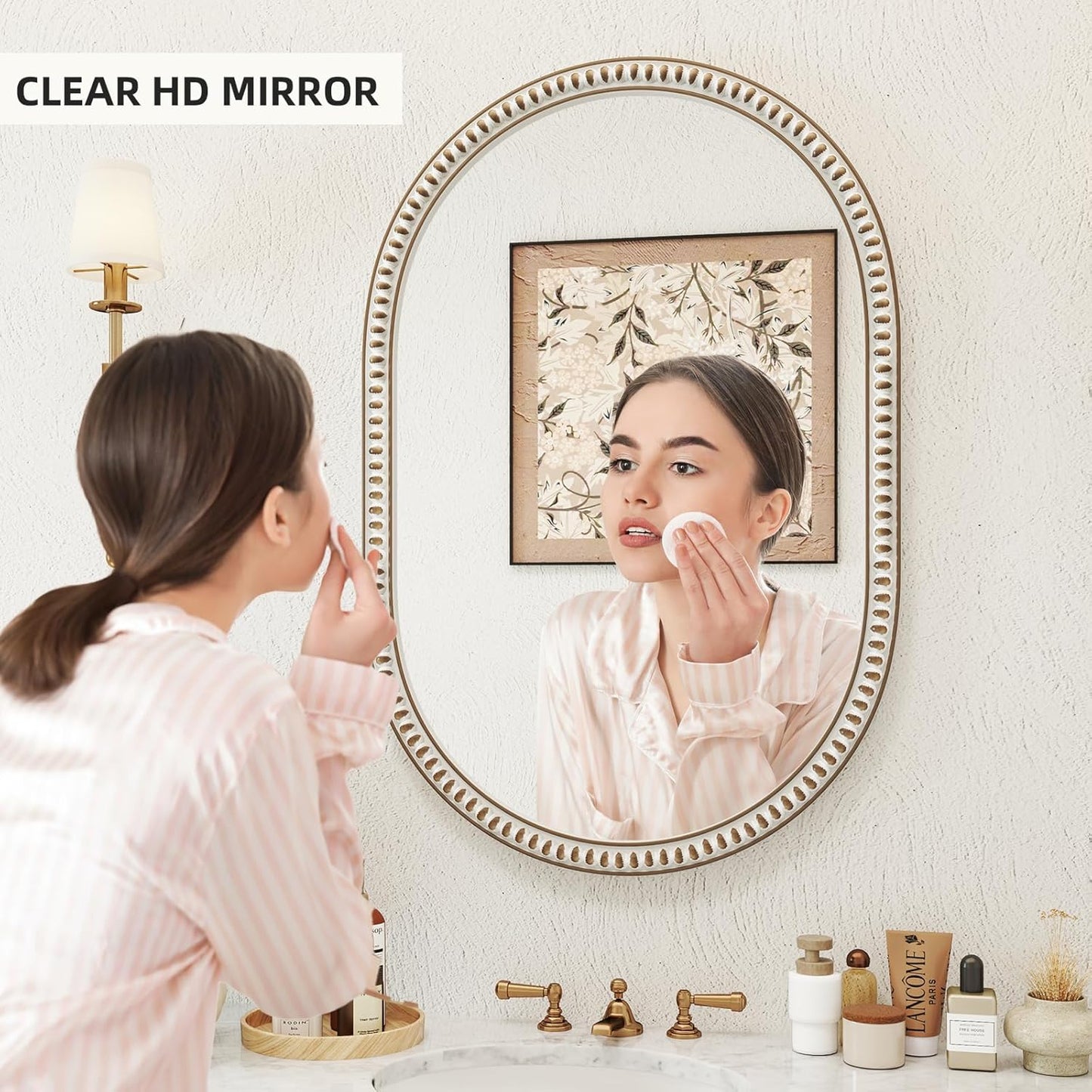 Wooden Oval Wall Mirror with Beads, 24x36 Inches Rustic Farmhouse Decorative Mirror for Entryway, Fireplace, Living Room, Hallway, Bathroom